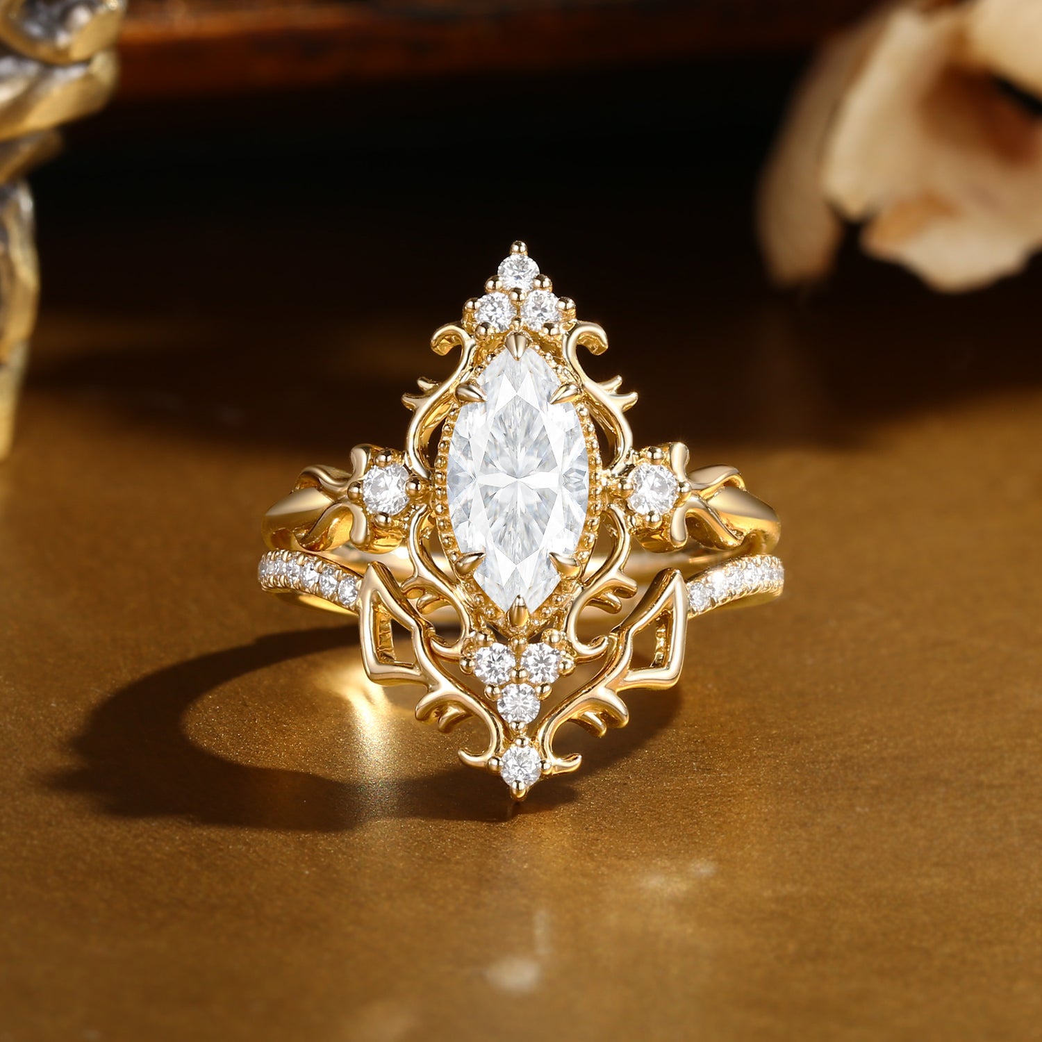 Eugenie - Marquise Cut Moissanite Victorian Vintage Ribbon Bridal Sets 2PCS