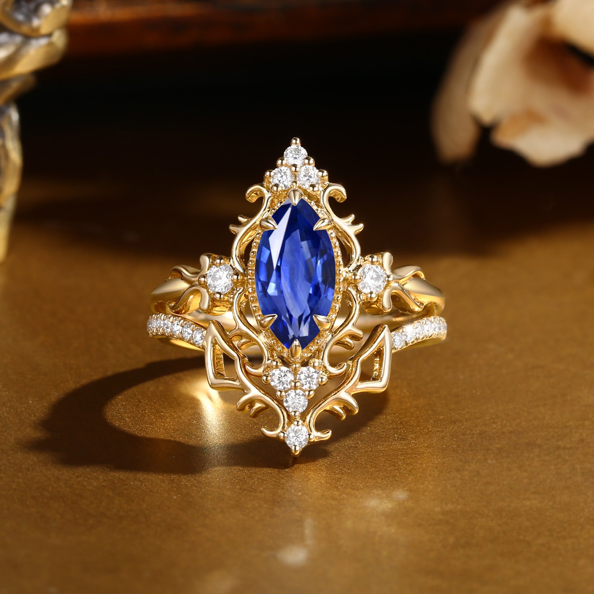 Marquise Cut Blue Sapphire Royalcore Victorian Vintage Ribbon Bridal Sets 2PCS  - Eugenie