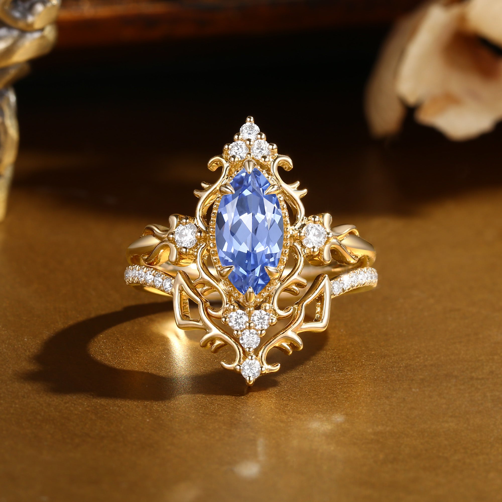 Marquise Cut Cornflower Blue Sapphire Royalcore Victorian Vintage Ribbon Bridal Sets 2PCS  - Eugenie