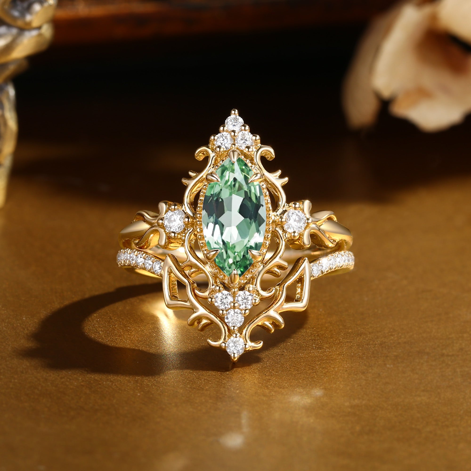 Eugenie - Marquise Cut Lab Green Sapphire Victorian Vintage Ribbon Bridal Sets 2PCS
