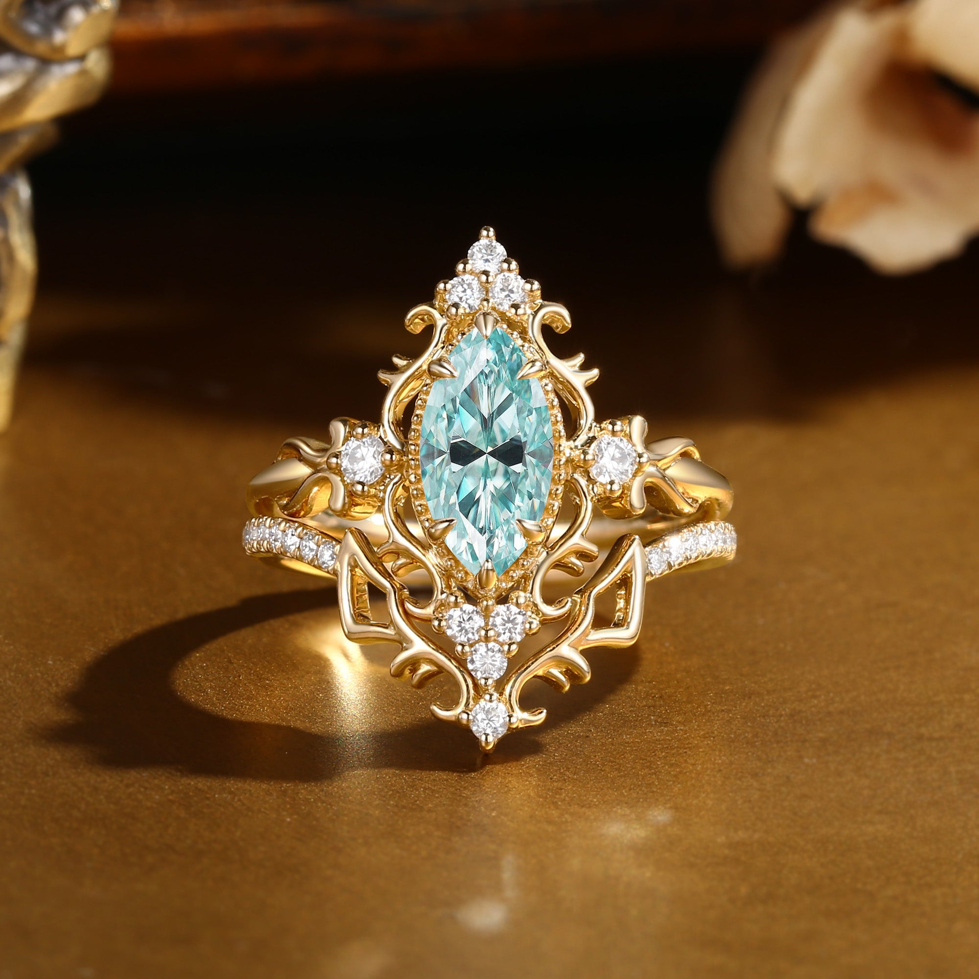 Marquise Cut Green Moissanite Royalcore Victorian Vintage Ribbon Bridal Sets 2PCS  - Eugenie