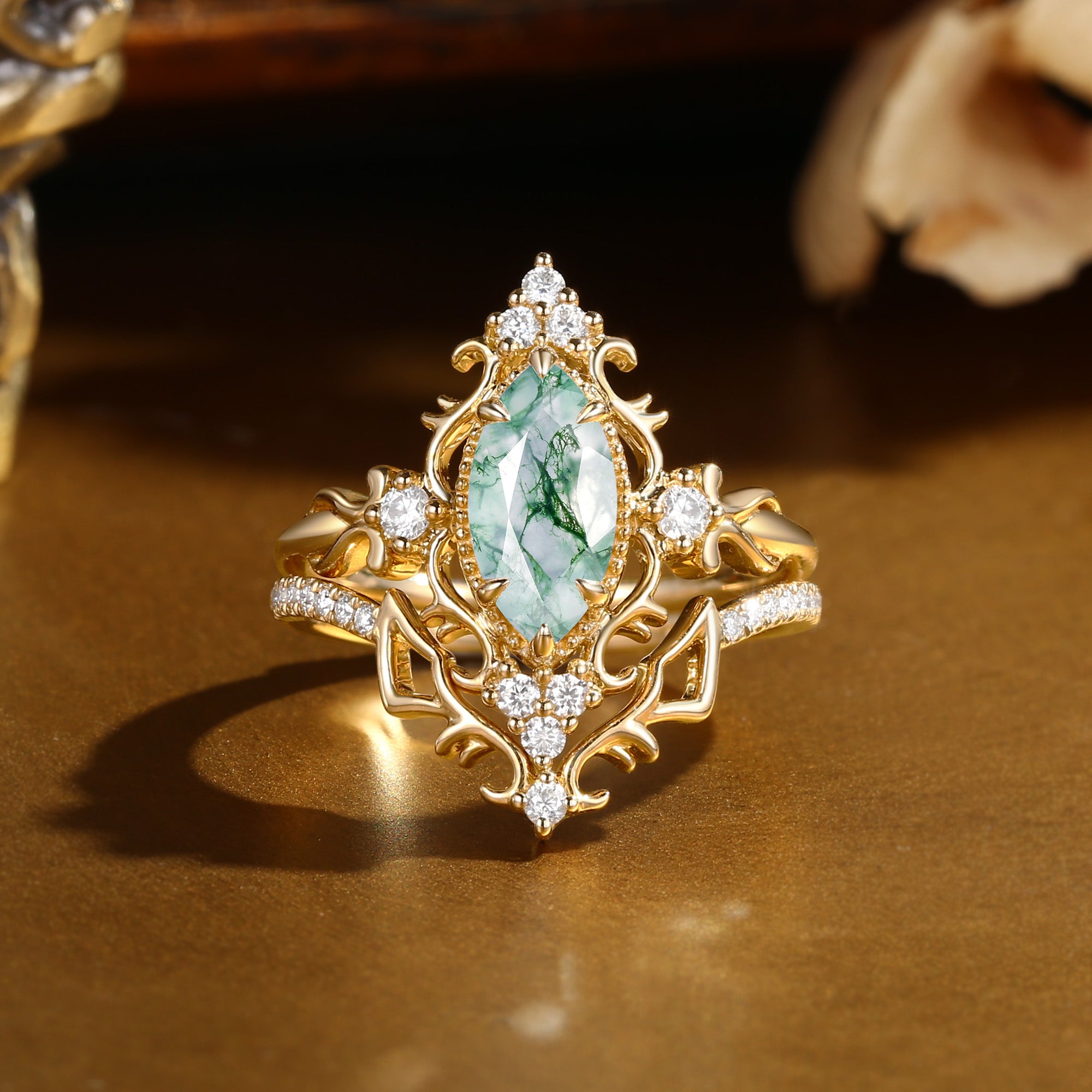 Marquise Cut Moss Agate Royalcore Victorian Vintage Ribbon Bridal Sets 2PCS  - Eugenie