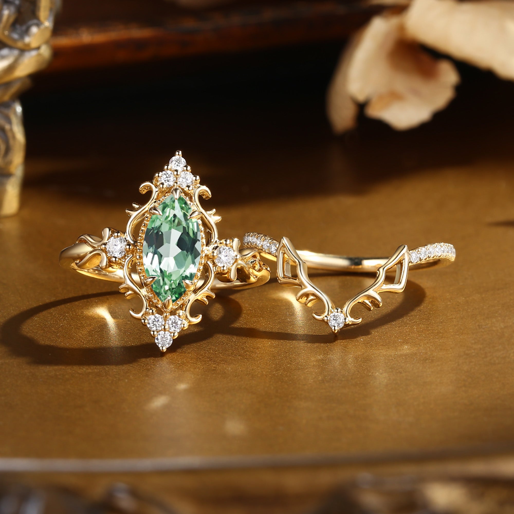 Eugenie - Marquise Cut Lab Green Sapphire Victorian Vintage Ribbon Bridal Sets 2PCS