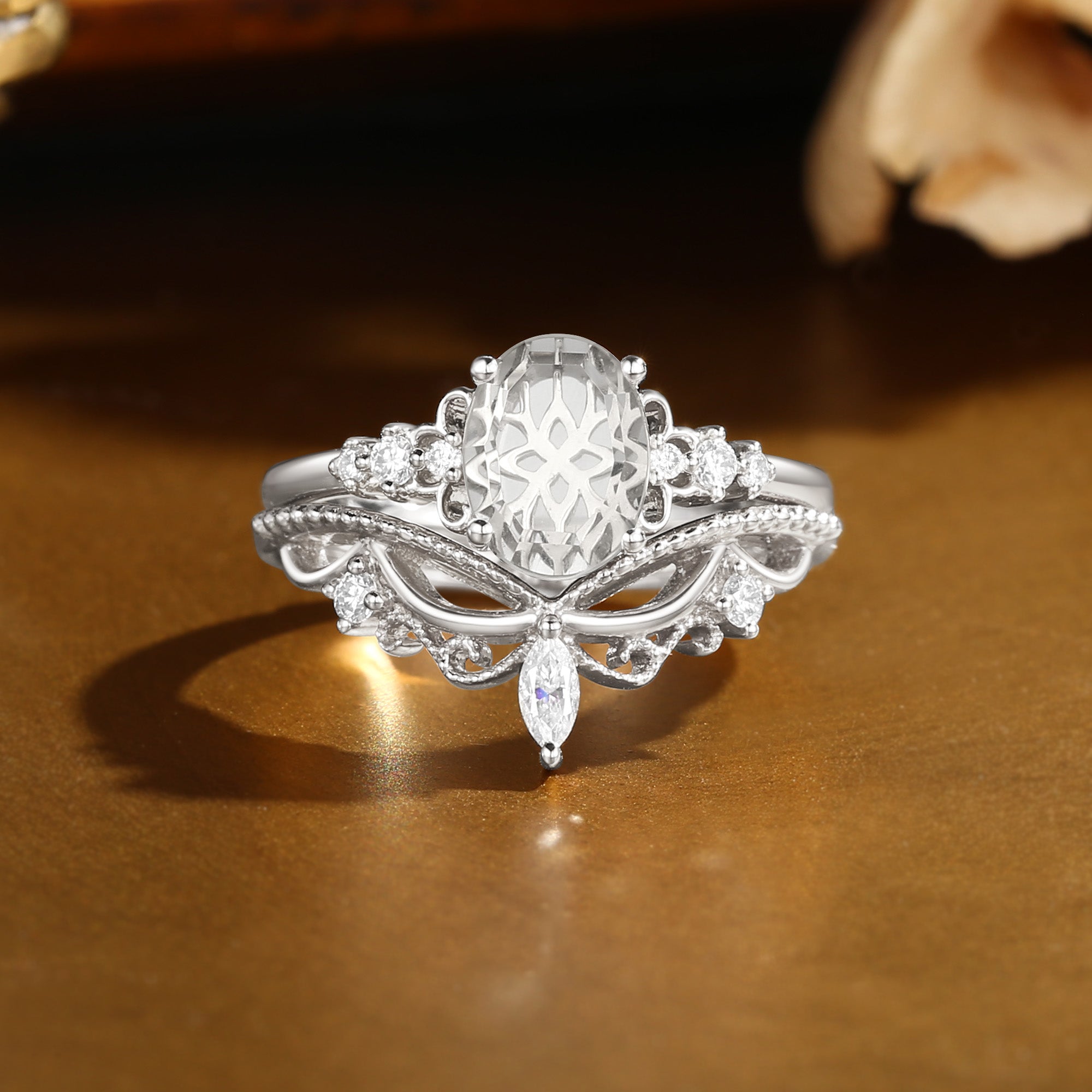Swan Princess- Portrait Cut Oval Moissanite Vintage Bridal Set 2pcs