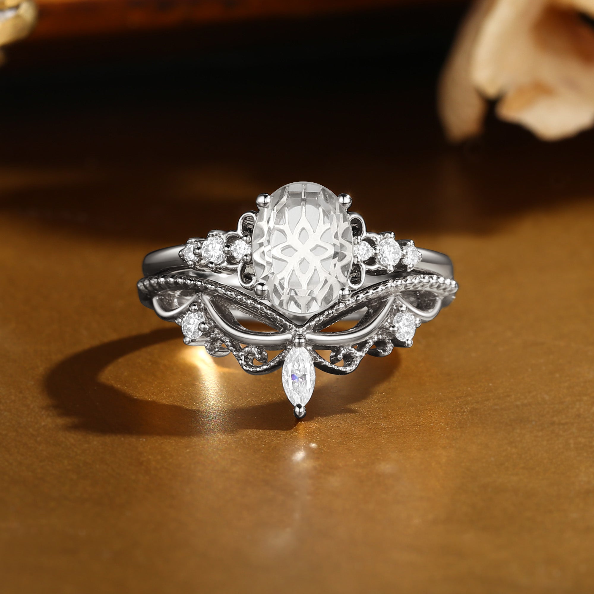 Swan Princess- Portrait Cut Oval Moissanite Vintage Bridal Set 2pcs