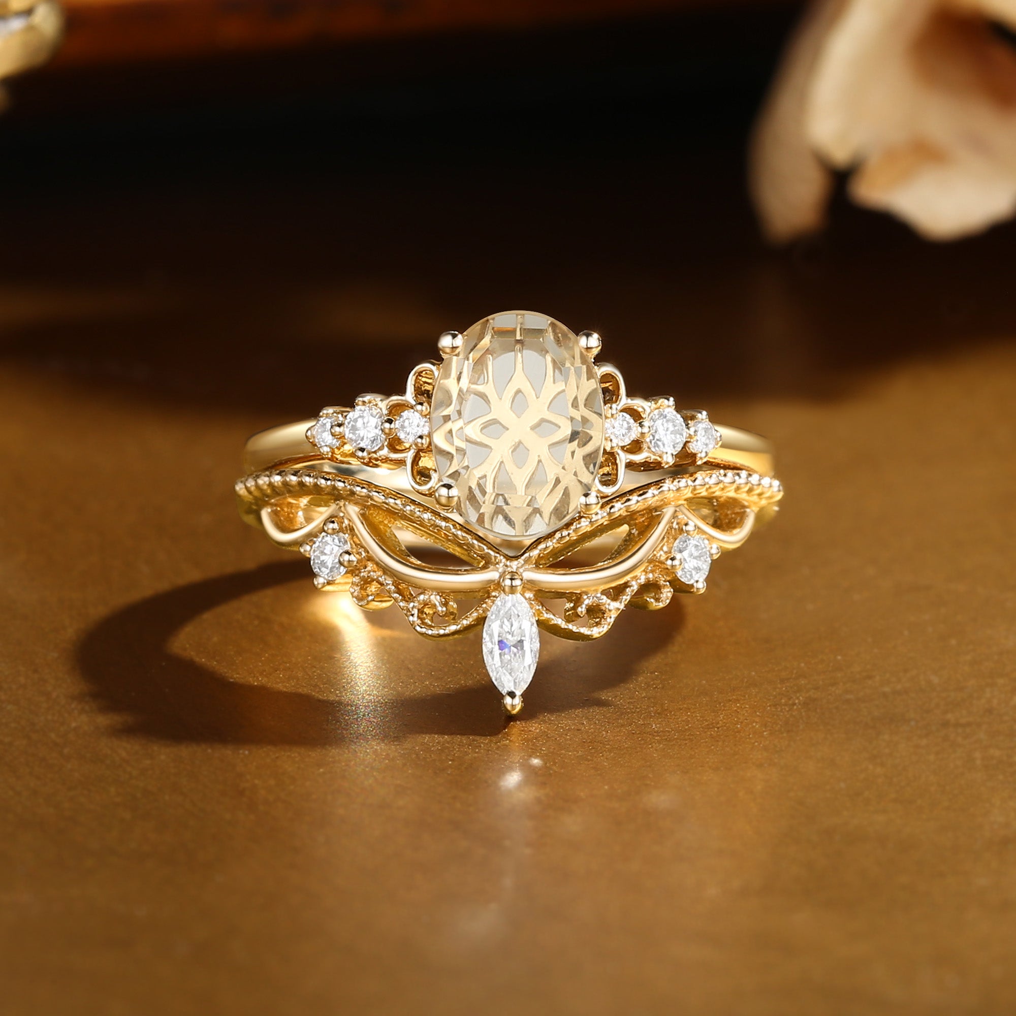 Swan Princess- Portrait Cut Oval Moissanite Vintage Bridal Set 2pcs