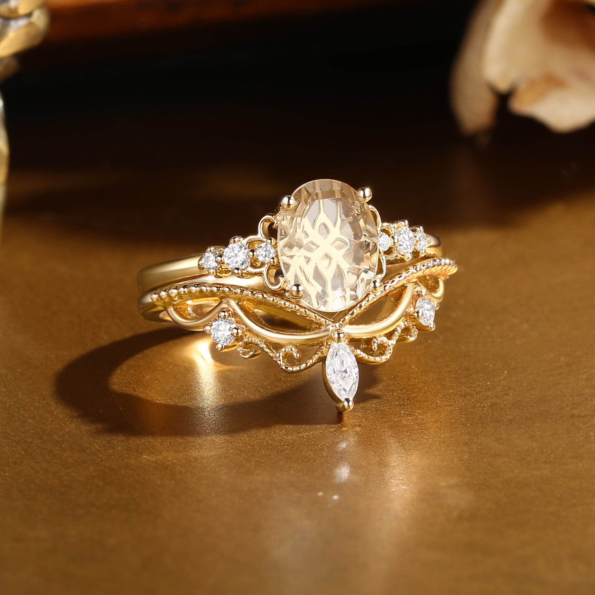 Swan Princess- Portrait Cut Oval Moissanite Vintage Bridal Set 2pcs