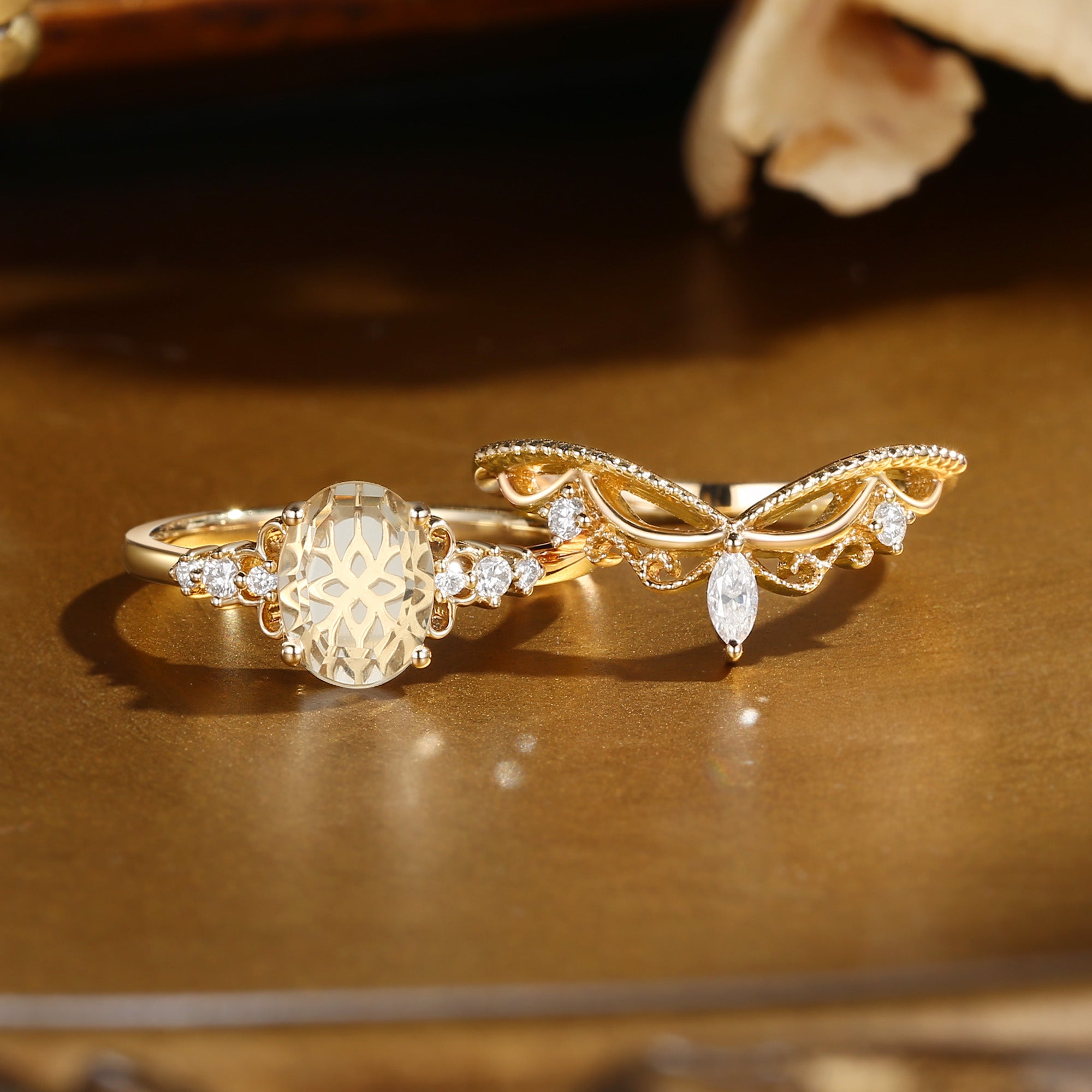 Swan Princess- Portrait Cut Oval Moissanite Vintage Bridal Set 2pcs