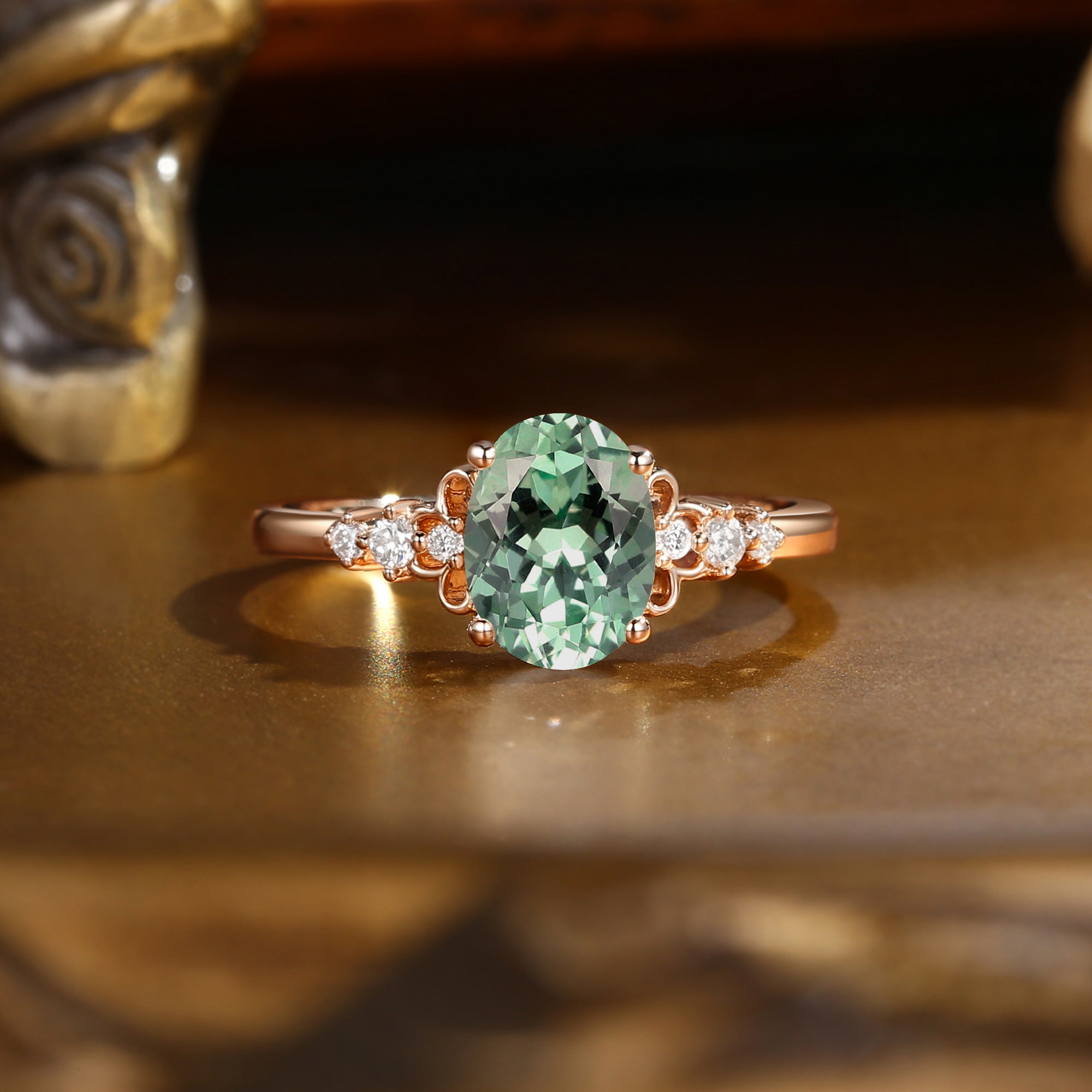 Oval Cut Green Sapphire Vintage Relief Engagement Ring - Swan Princess