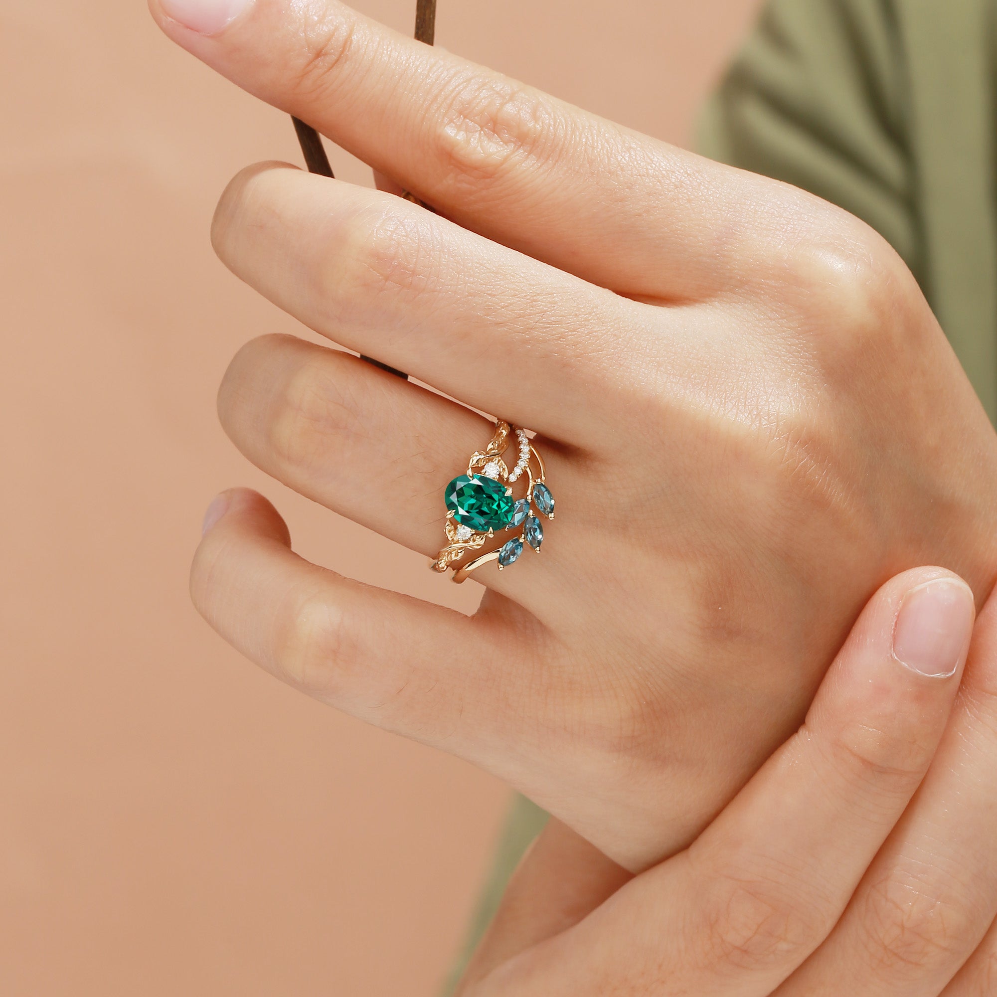 Eden - Oval Cut Lab Emerald Vintage Leaf Branch Bridal Sets 2pcs