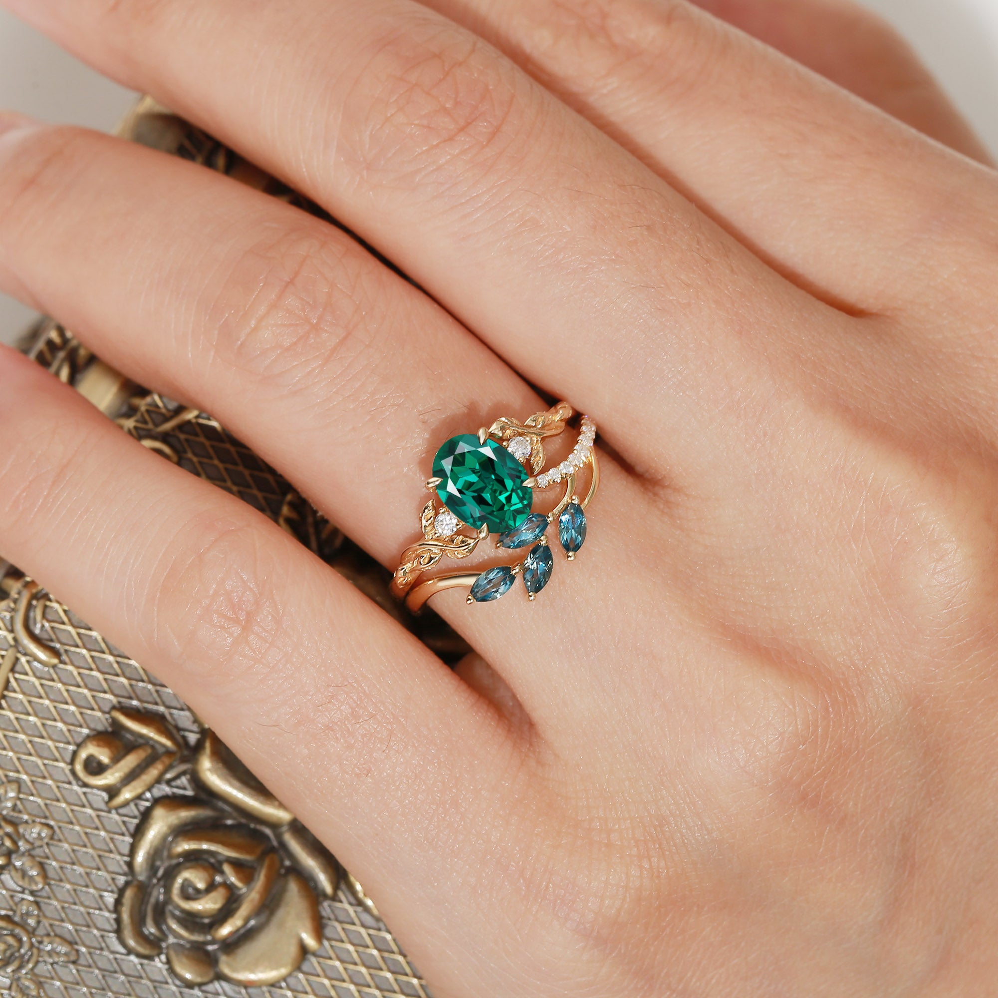 Eden - Oval Cut Lab Emerald Vintage Leaf Branch Bridal Sets 2pcs