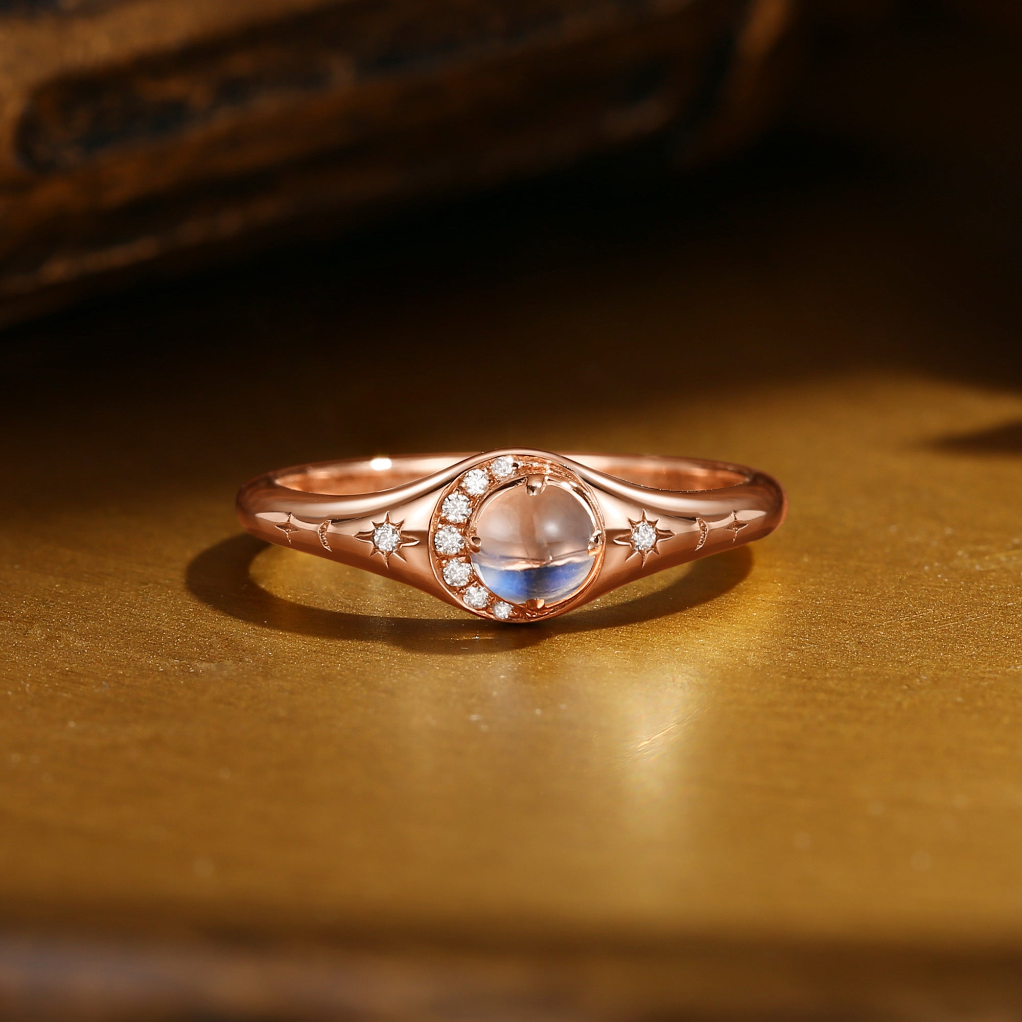 Selene - Round Cut Moonstone Vintage Crescent Star Engagement Ring