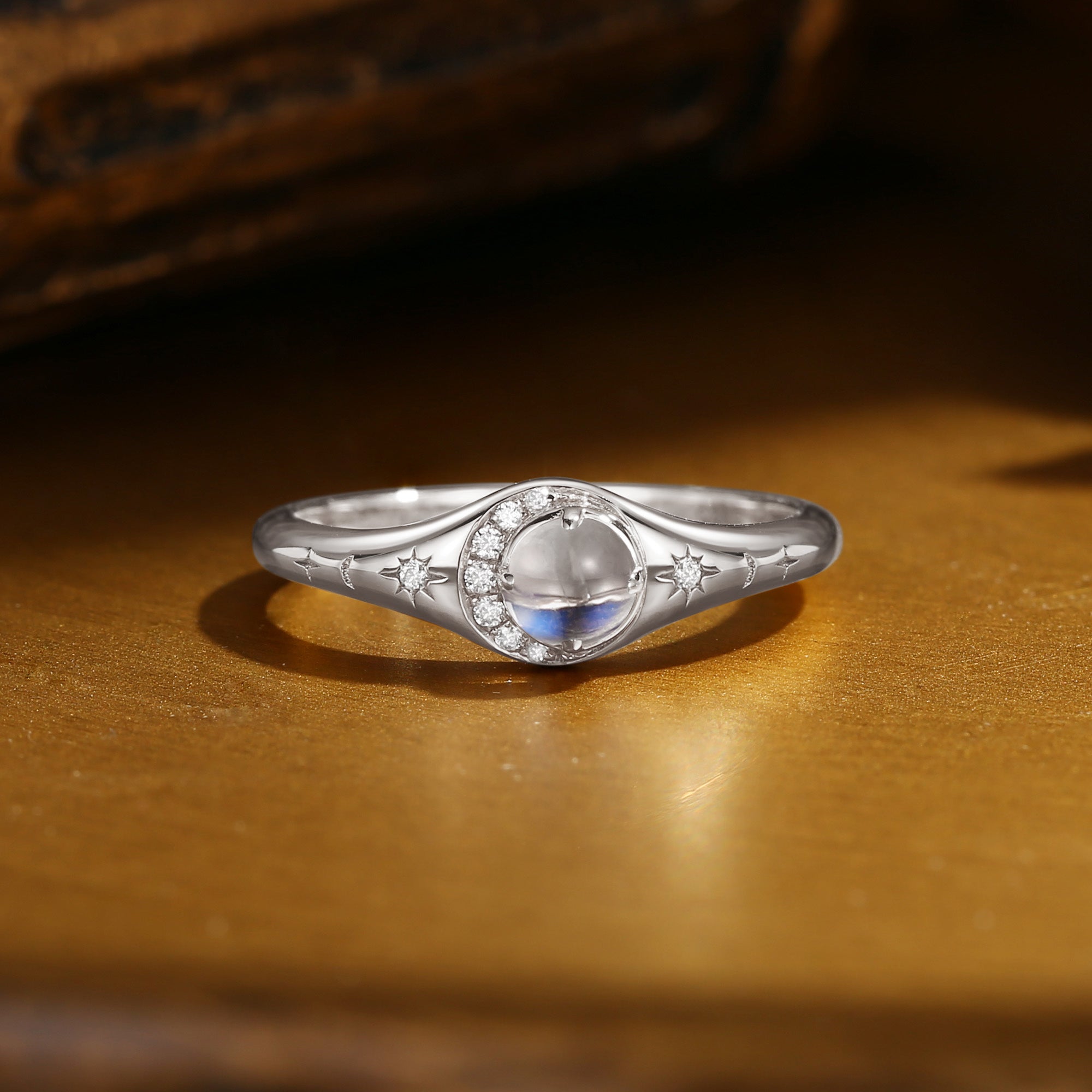 Selene - Round Cut Moonstone Vintage Crescent Star Engagement Ring