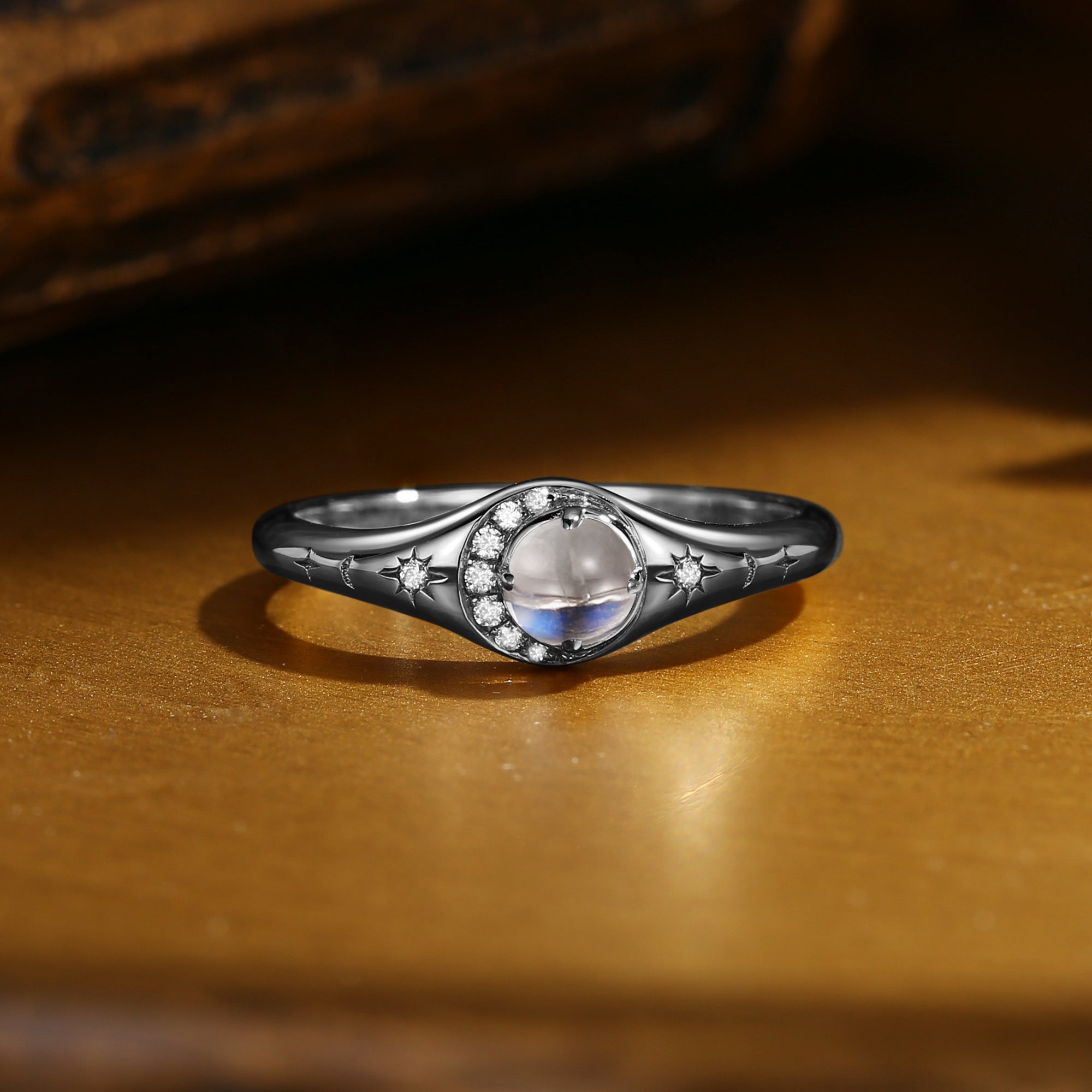 Selene - Round Cut Moonstone Vintage Crescent Star Engagement Ring
