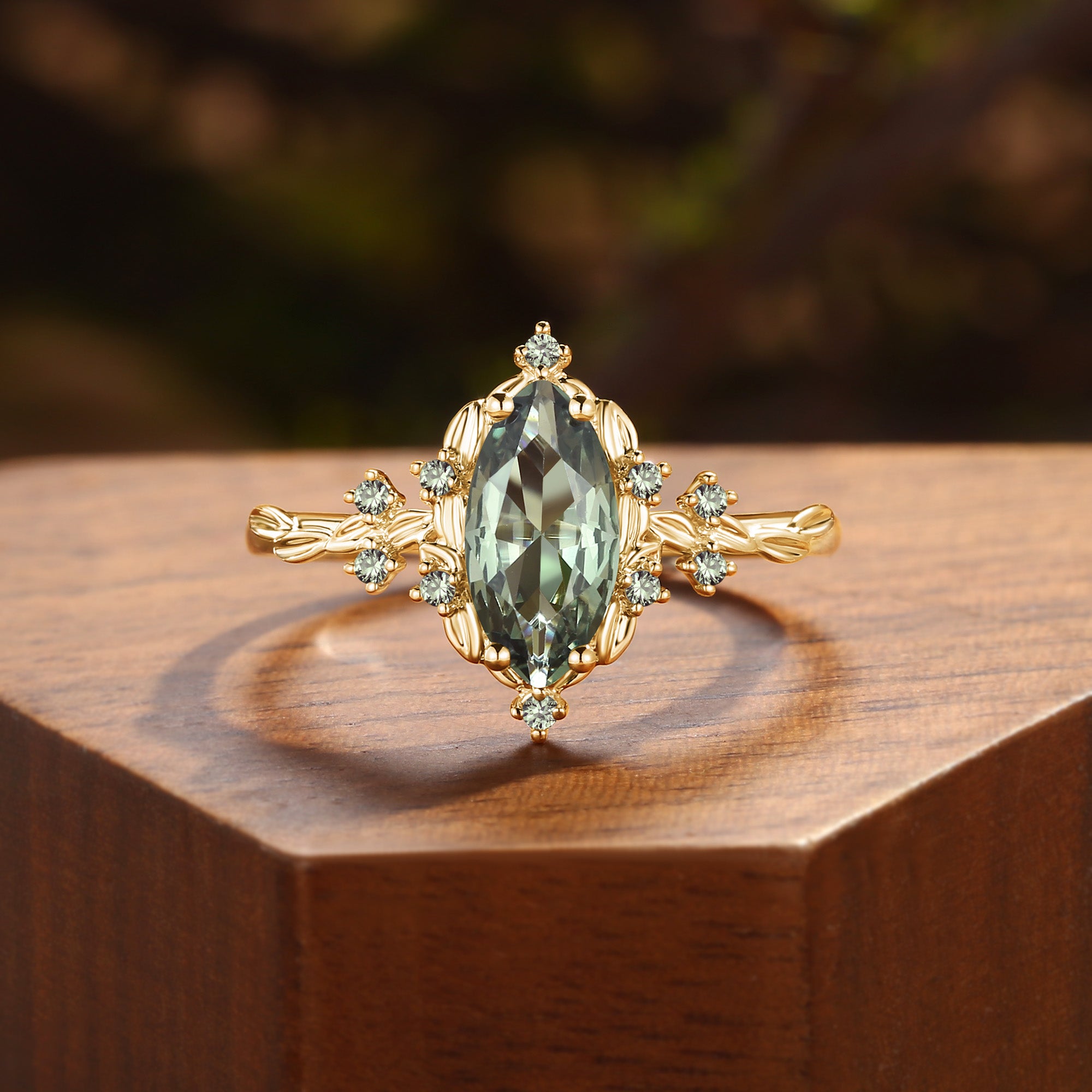 Eulalie - Marquise Cut Lab Green Sapphire Elf Engagement Ring