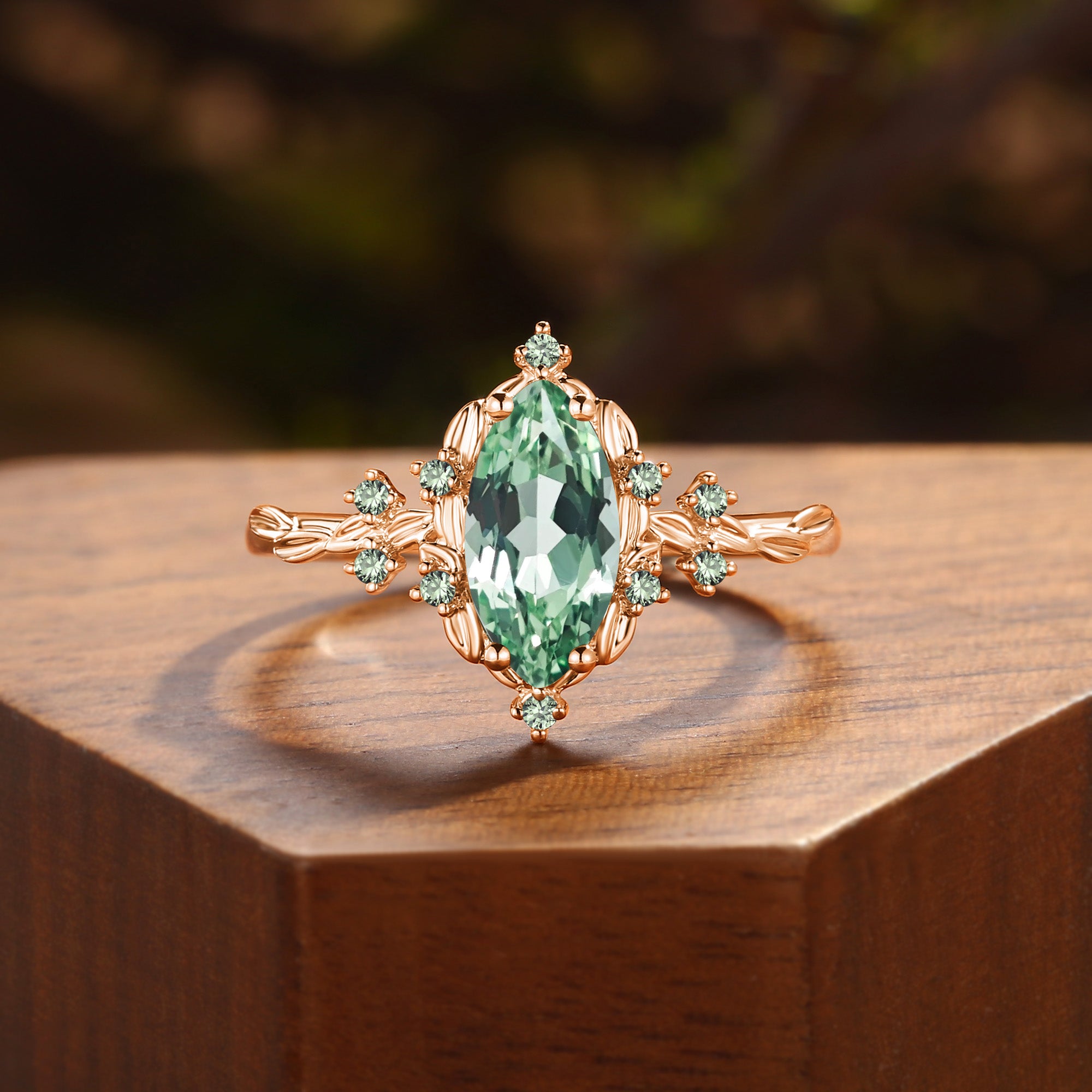 Eulalie - Marquise Cut Lab Green Sapphire Elf Engagement Ring