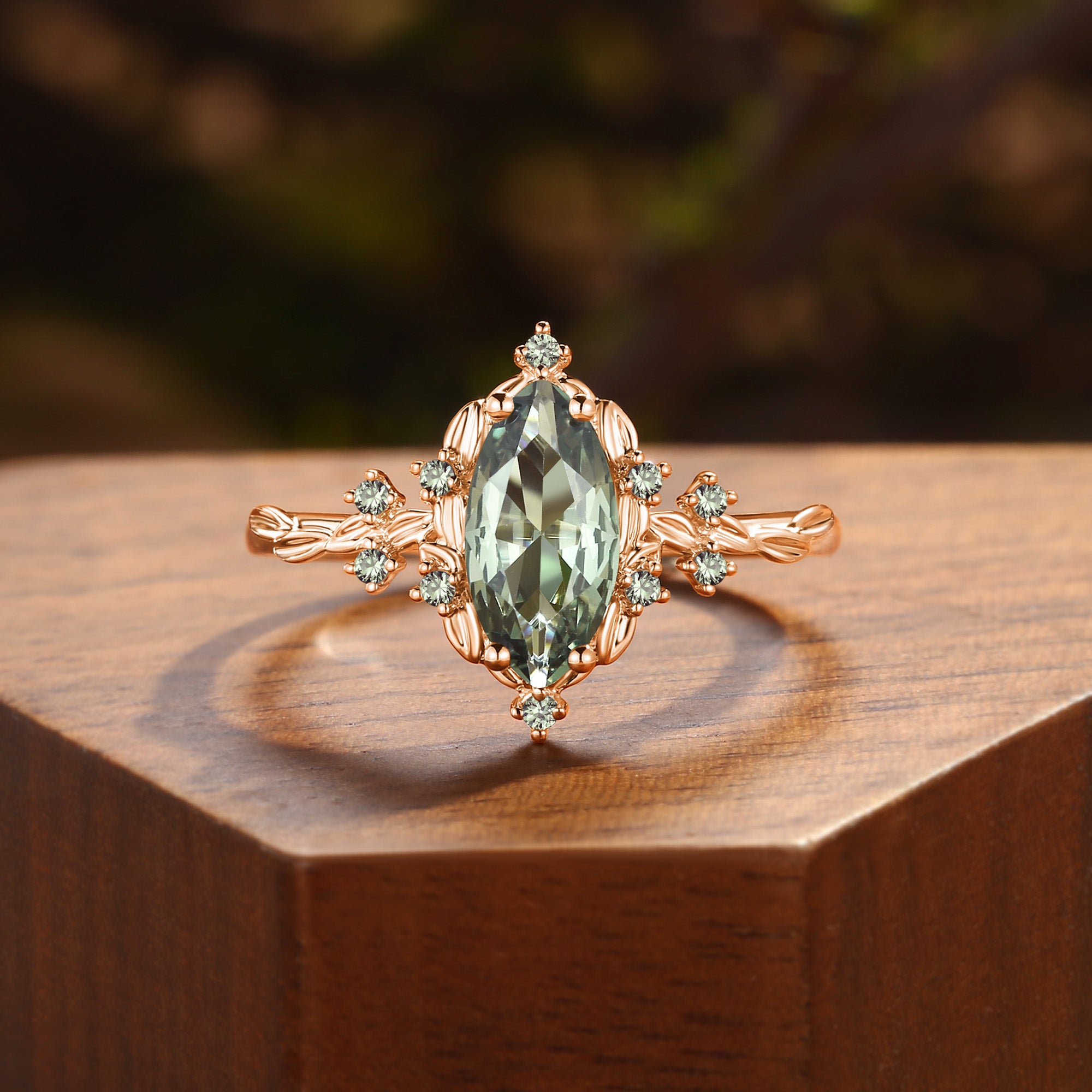 Eulalie - Marquise Cut Lab Green Sapphire Elf Engagement Ring