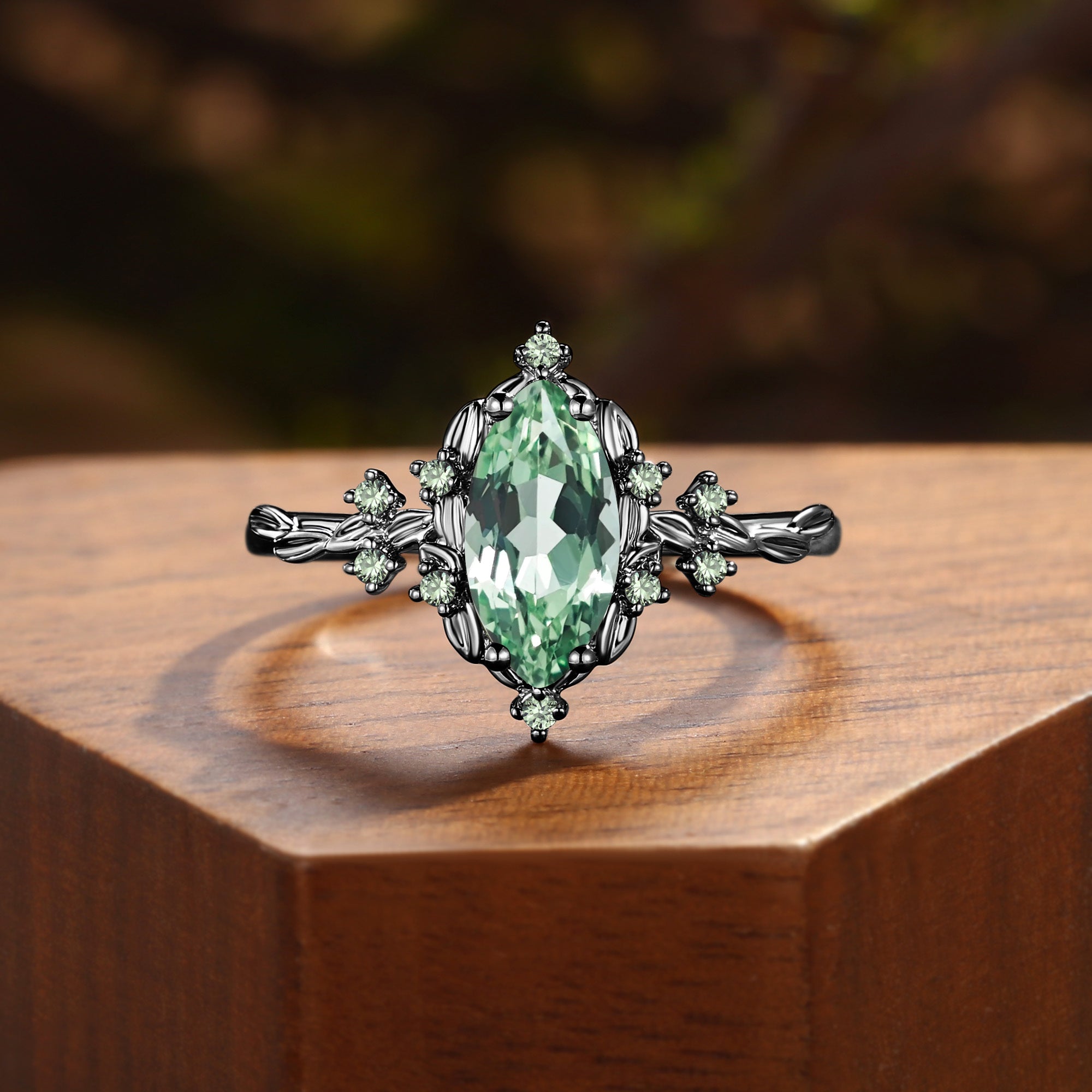 Eulalie - Marquise Cut Lab Green Sapphire Elf Engagement Ring
