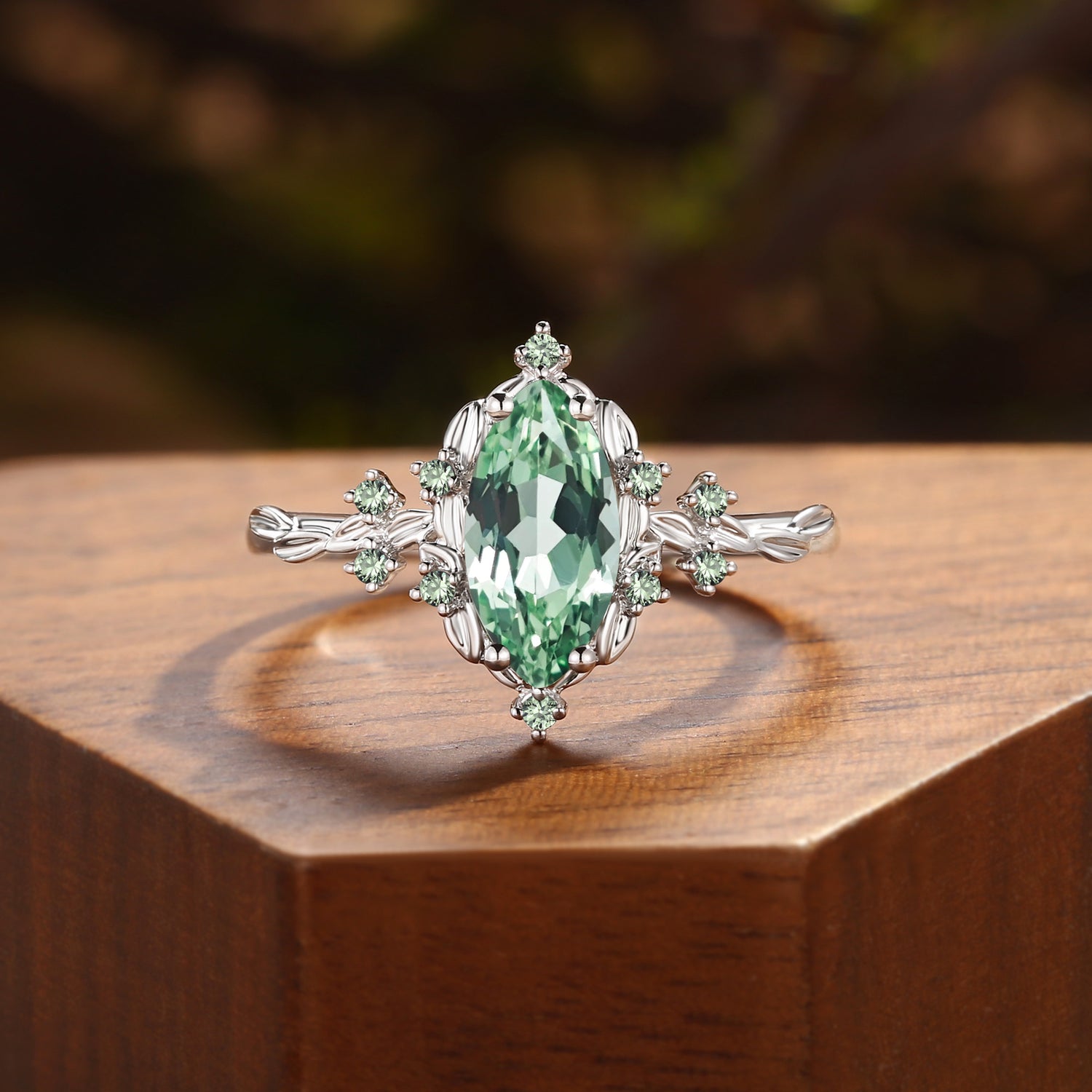 Eulalie - Marquise Cut Lab Green Sapphire Elf Engagement Ring