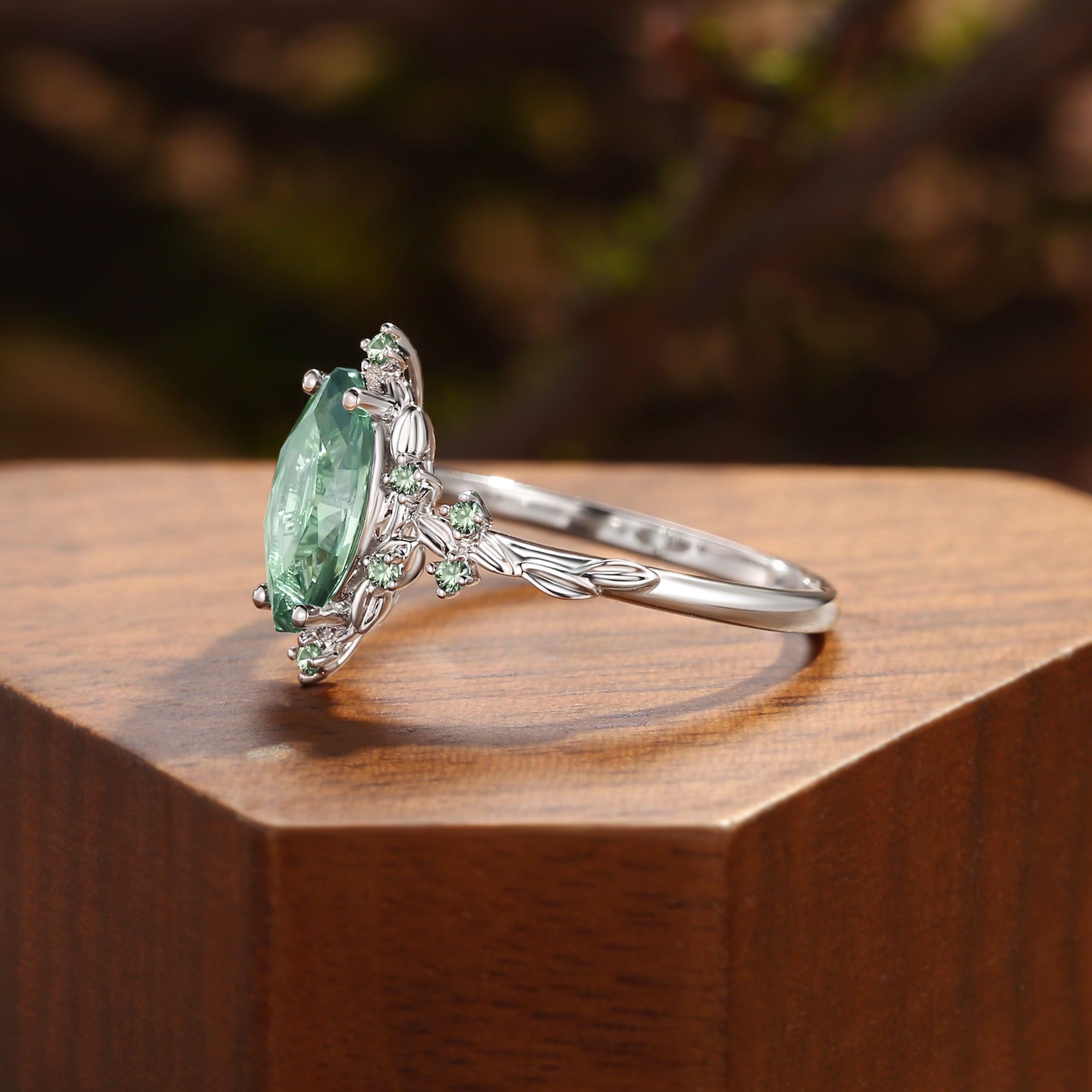 Eulalie - Marquise Cut Lab Green Sapphire Elf Engagement Ring