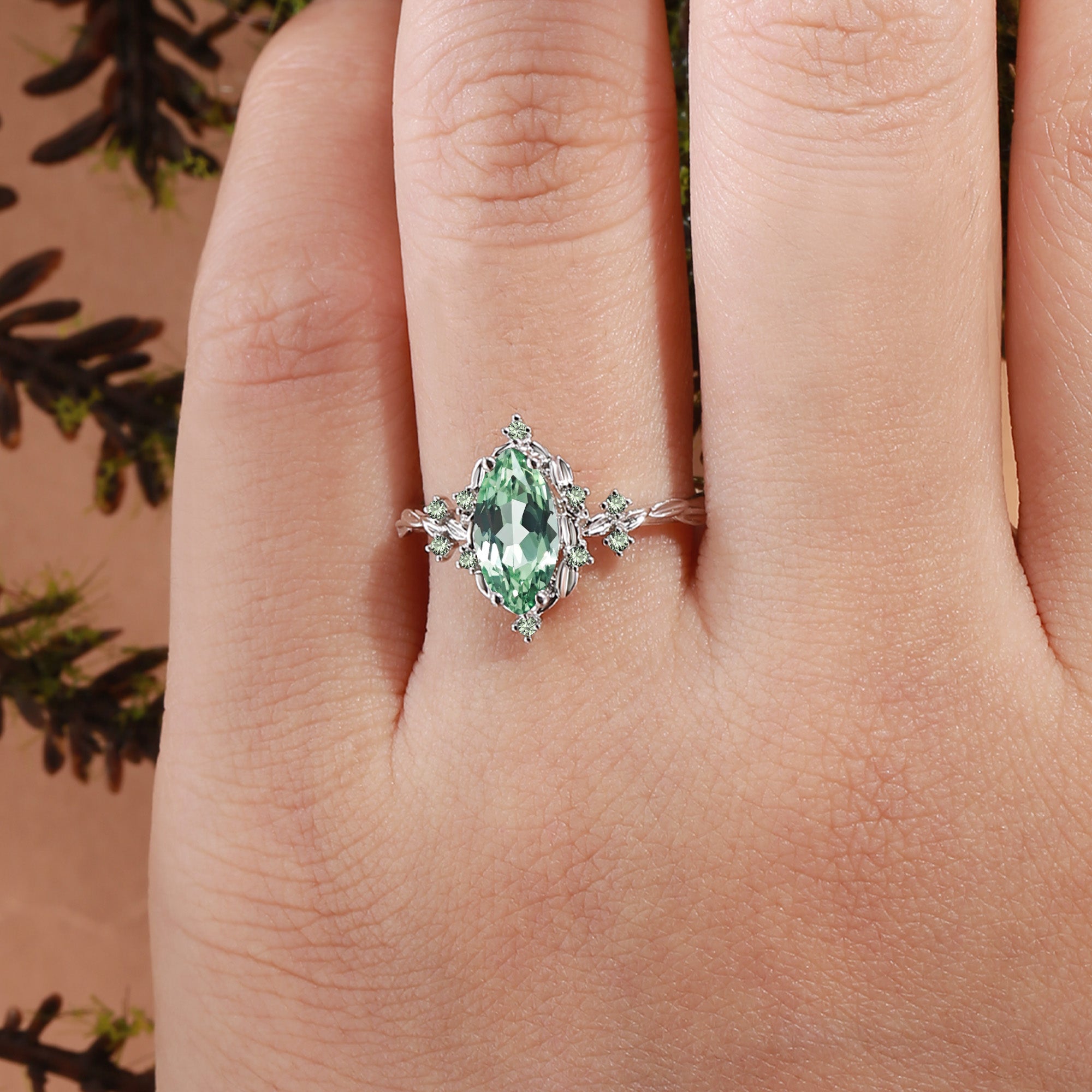 Eulalie - Marquise Cut Lab Green Sapphire Elf Engagement Ring