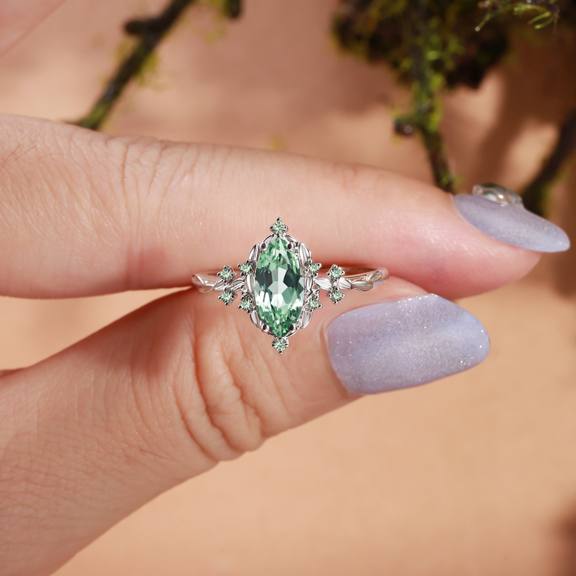 Eulalie - Marquise Cut Lab Green Sapphire Elf Engagement Ring