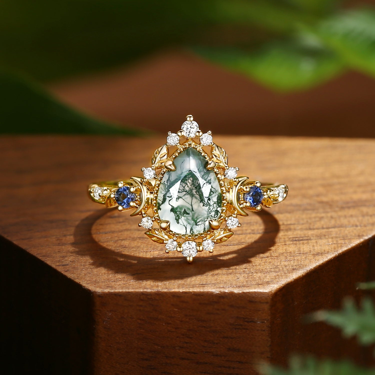 Yuna - Unique Moonlight Nature Themed Moss Agate Pear Cut Engagement Ring