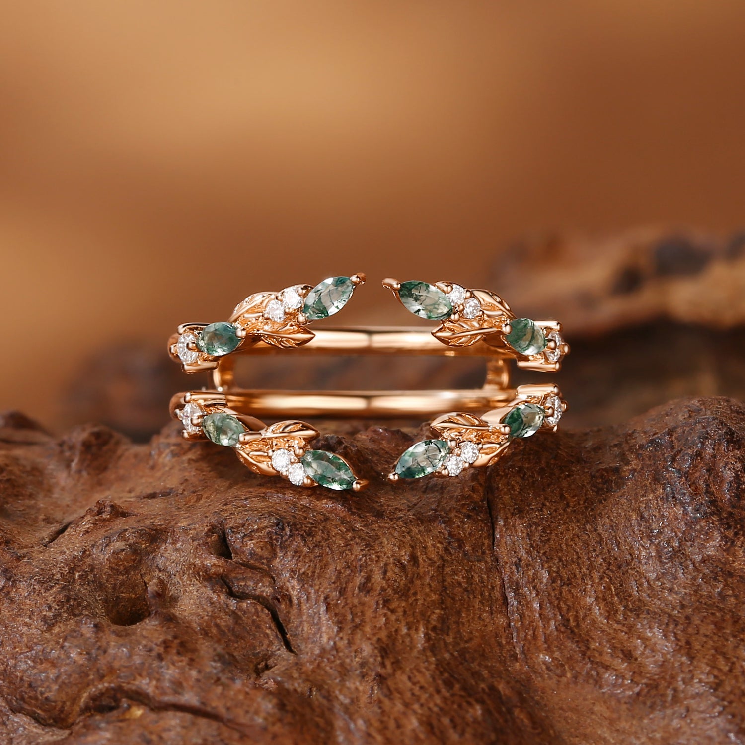 Greta - Moss Agate Leafy Inspired Enhancer Wedding Band