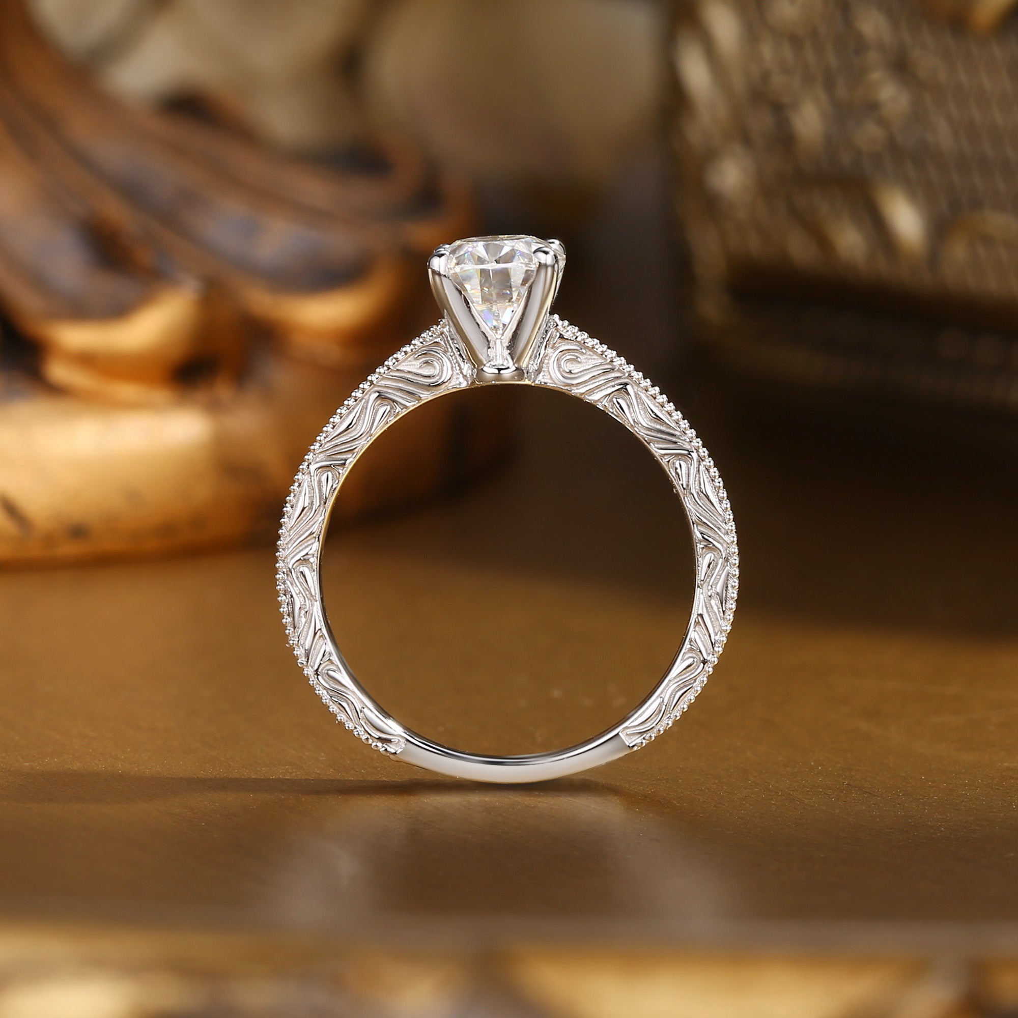 Anastasie - Vintage Engraved Milgrain Oval Cut Moissanite Relief Engagement Ring
