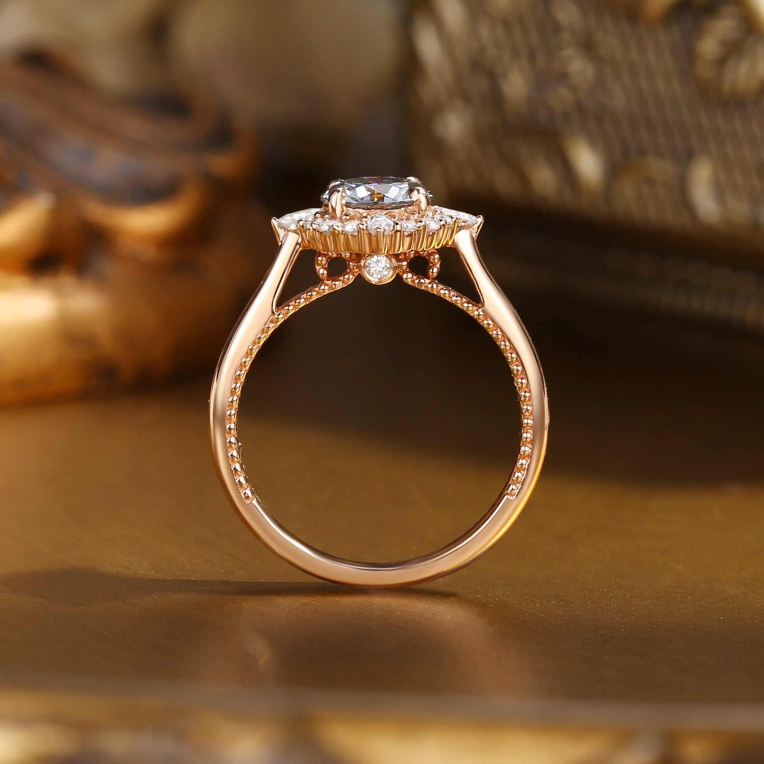 Gloria - Round Cut Grey Moissanite Halo Engagement Ring