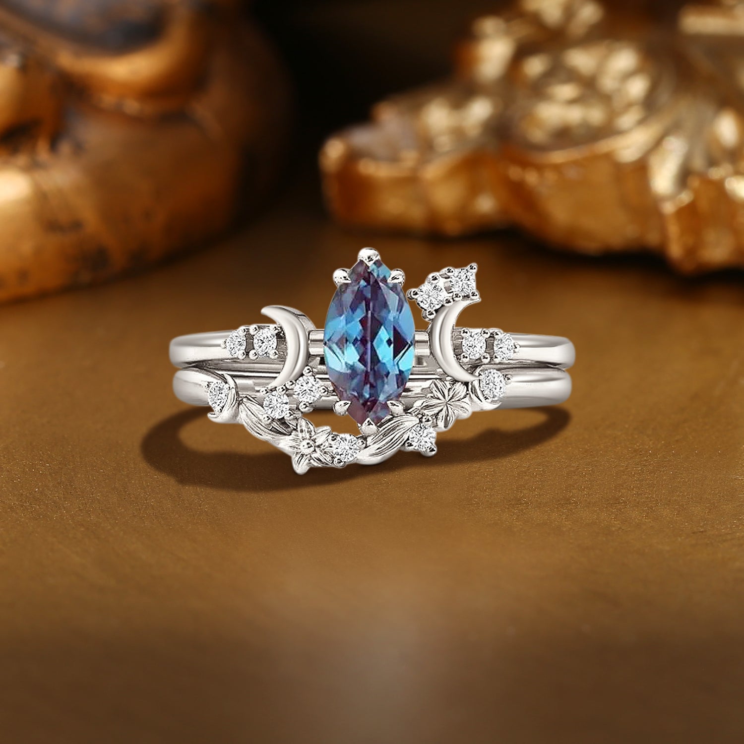 Isabella - Marquise Cut Alexandrite Moon & Flower Anniversary Ring Set 2PCS