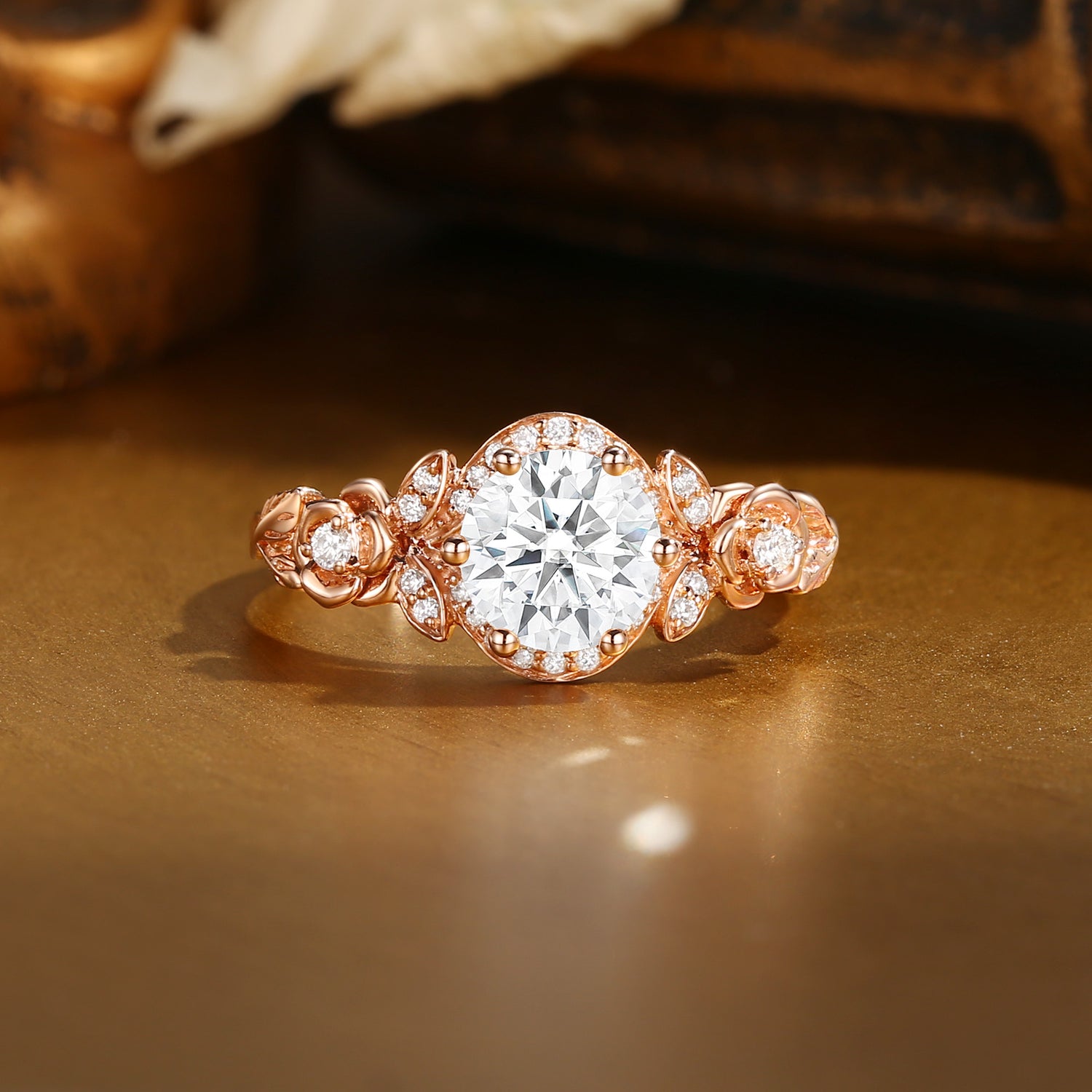 Fleur - Art Deco Round Cut Moissanite Flower Engagement Ring