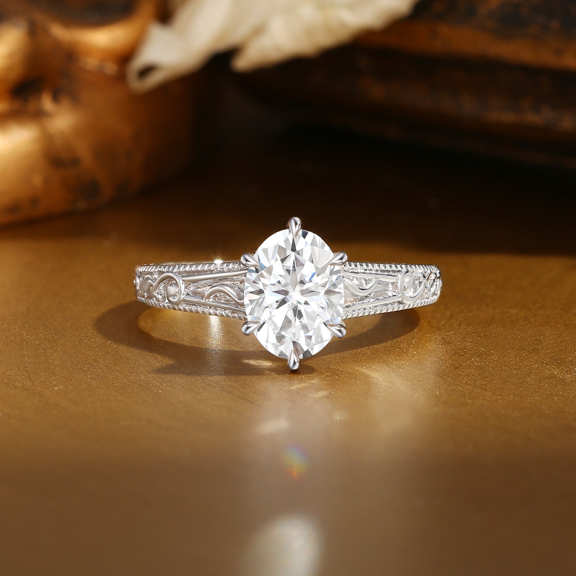 Anastasie - White Gold Engraved Milgrain Oval Cut Moissanite Relief Engagement Ring