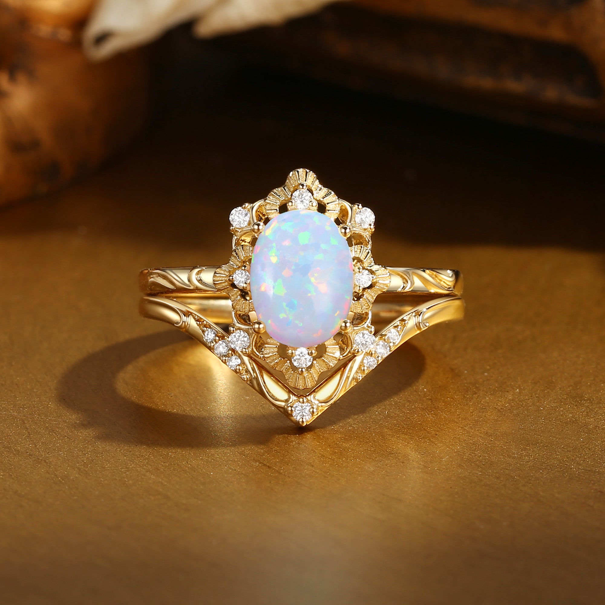 Bertille - Victorian Halo Vintage Oval Cut Opal Engagement Ring Set 2pcs