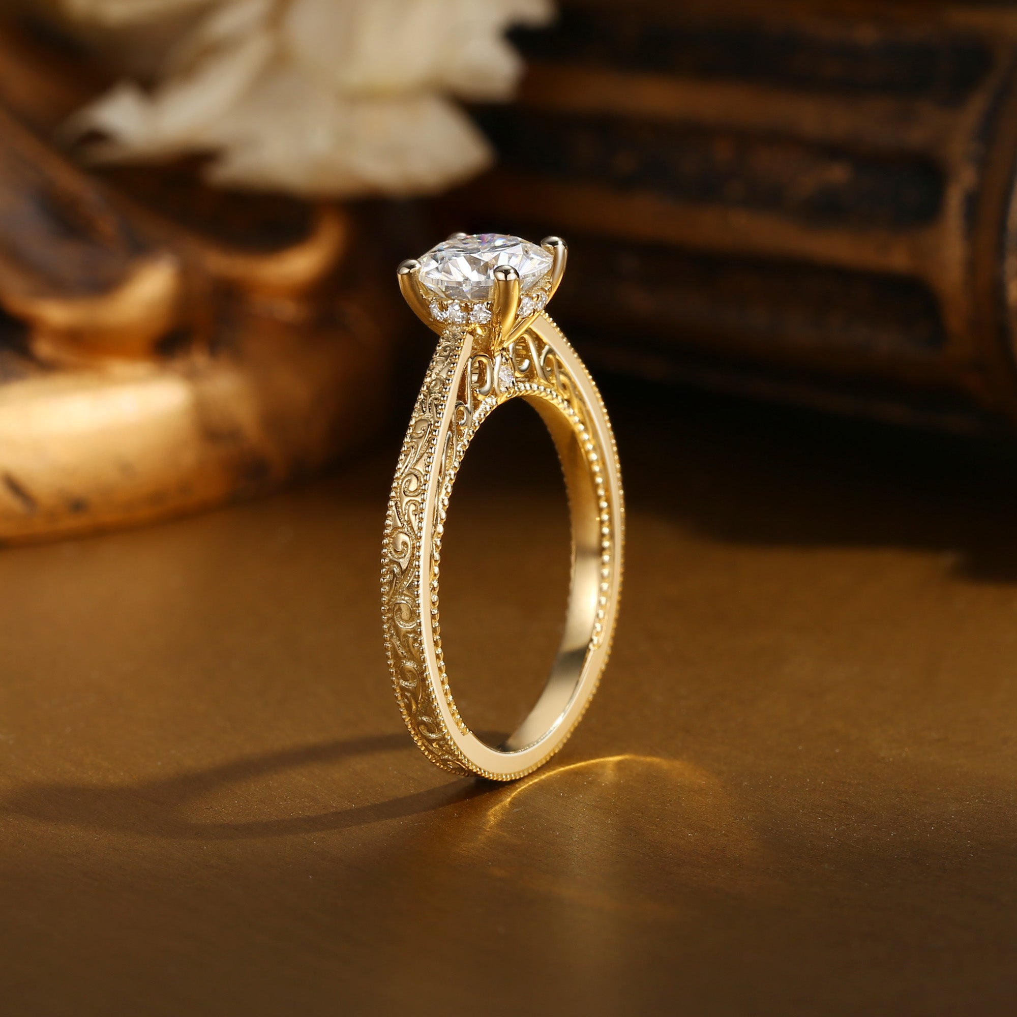 Anastasie - Engraved Hidden Halo Round Cut Moissanite Relief Engagement Ring