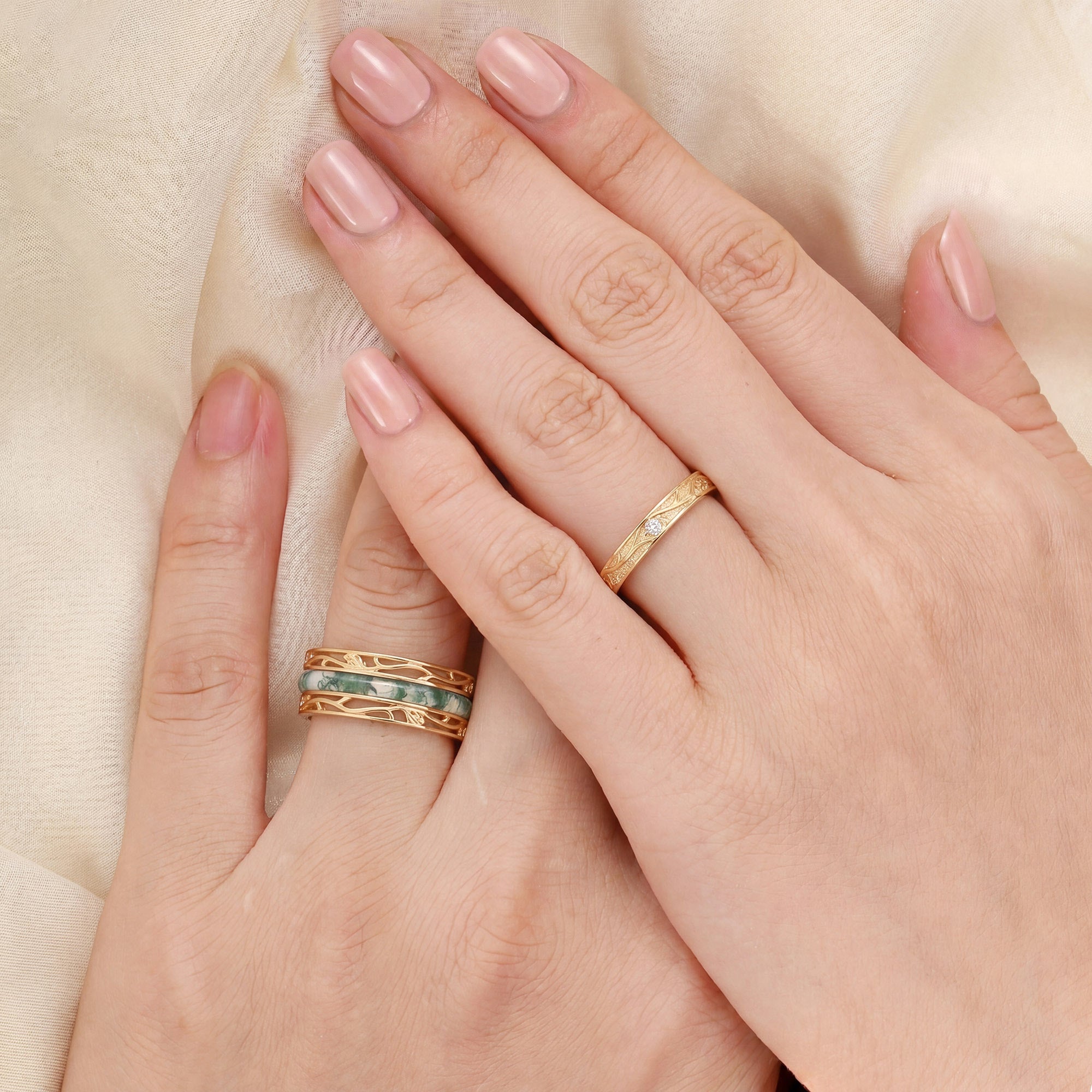 Moss Agate Inlay Engraved Anniversary Promise Couple Rings