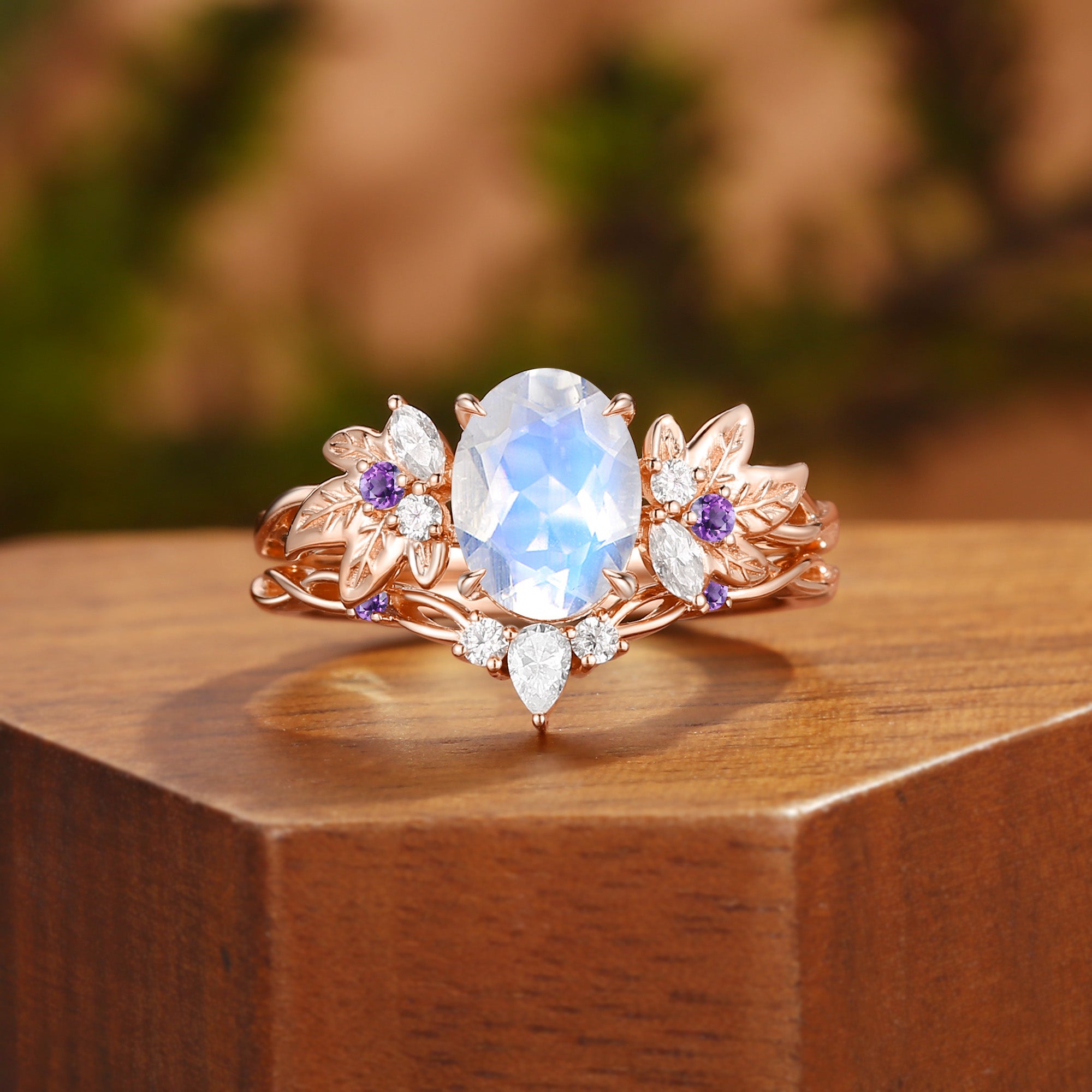 Tindra - Oval Cut  Moonstone Grape Leaf Nature Engagement Ring Set 2pcs