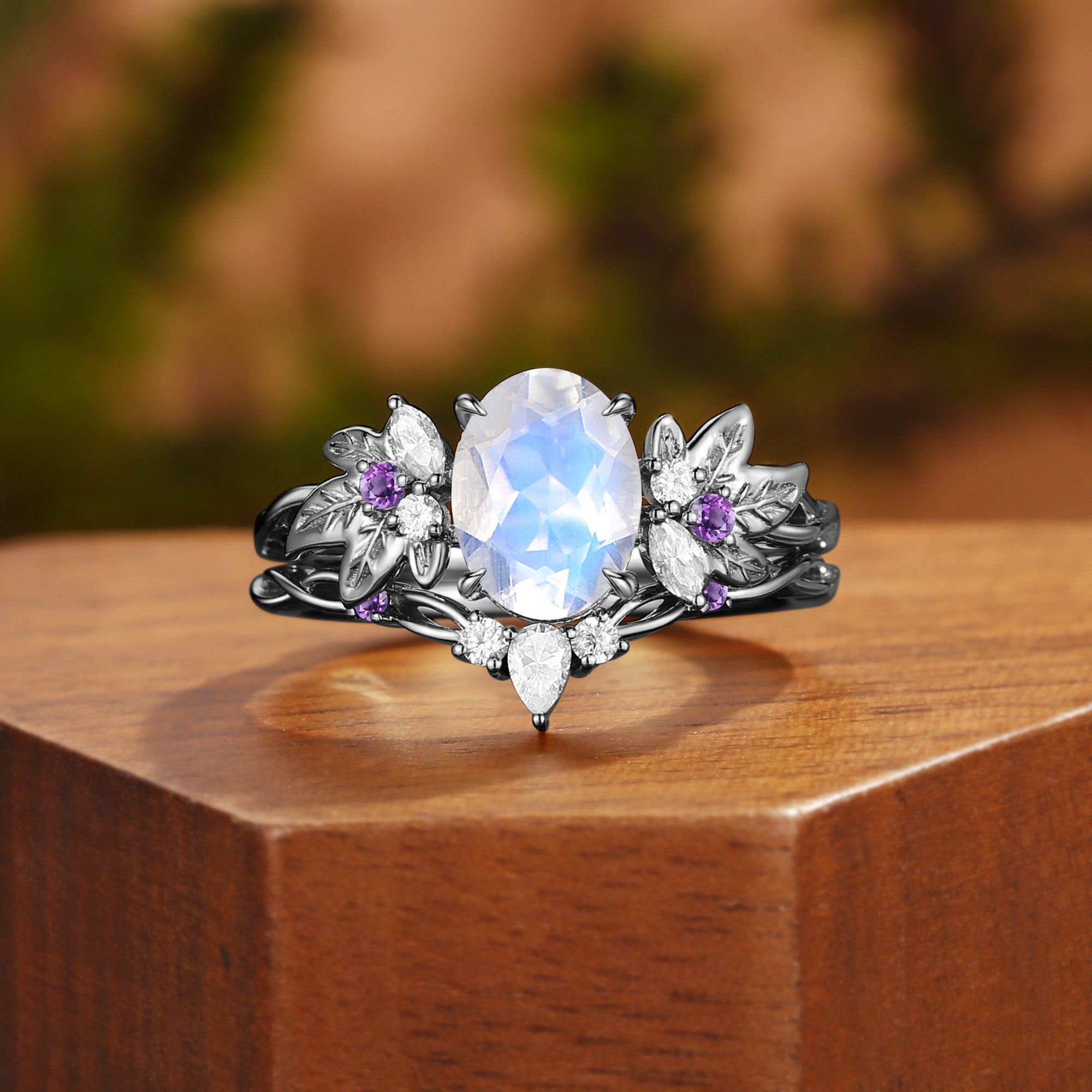 Tindra - Oval Cut  Moonstone Grape Leaf Nature Engagement Ring Set 2pcs