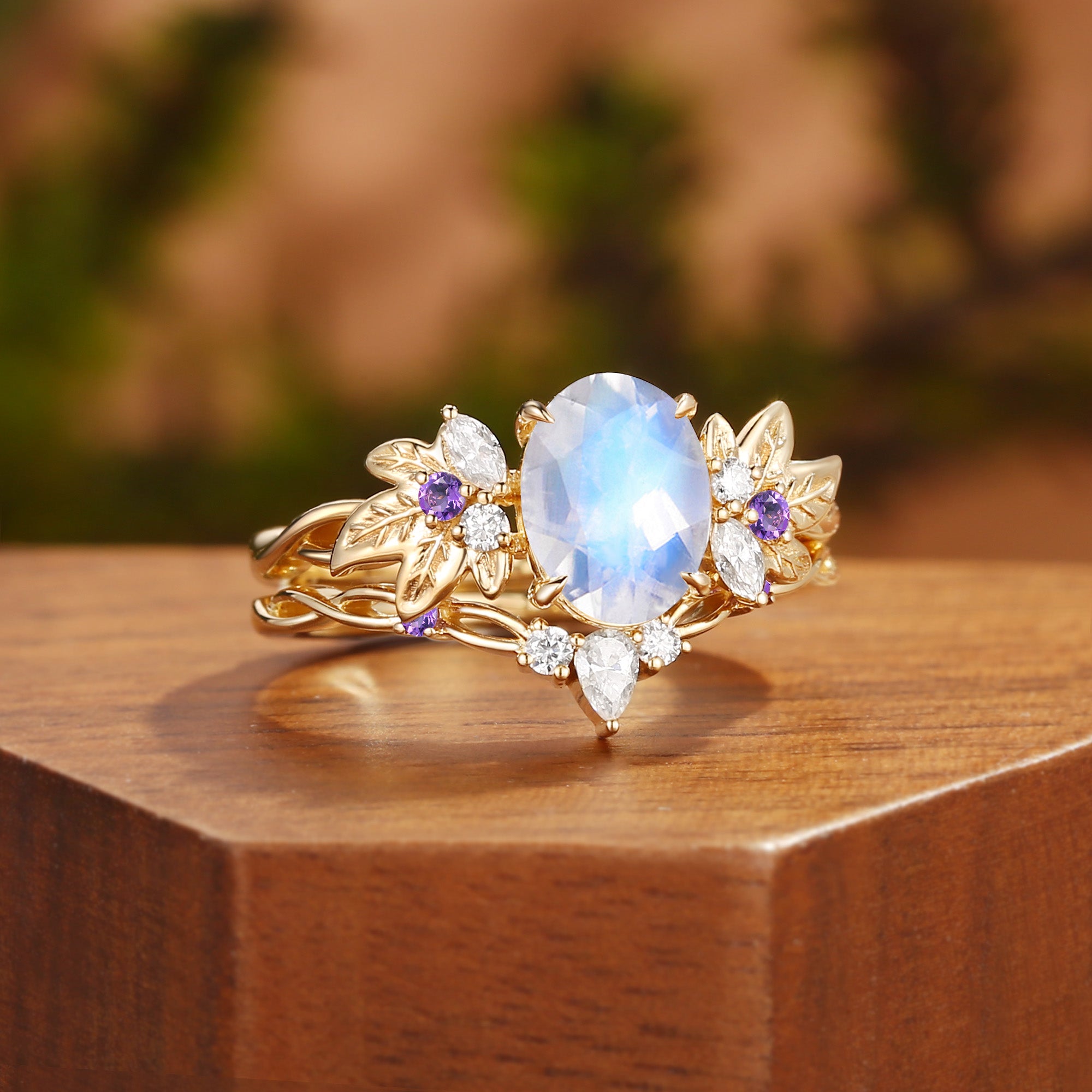 Tindra - Oval Cut  Moonstone Grape Leaf Nature Engagement Ring Set 2pcs