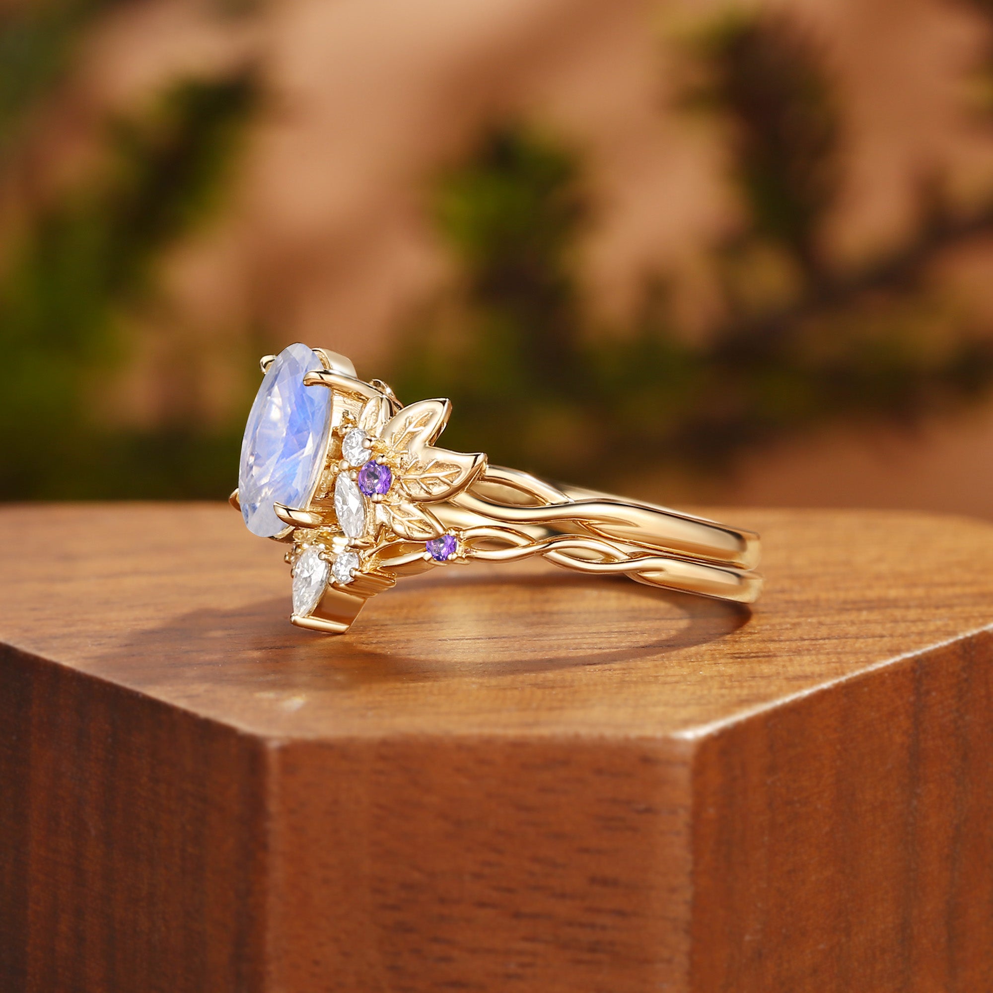 Tindra - Oval Cut  Moonstone Grape Leaf Nature Engagement Ring Set 2pcs