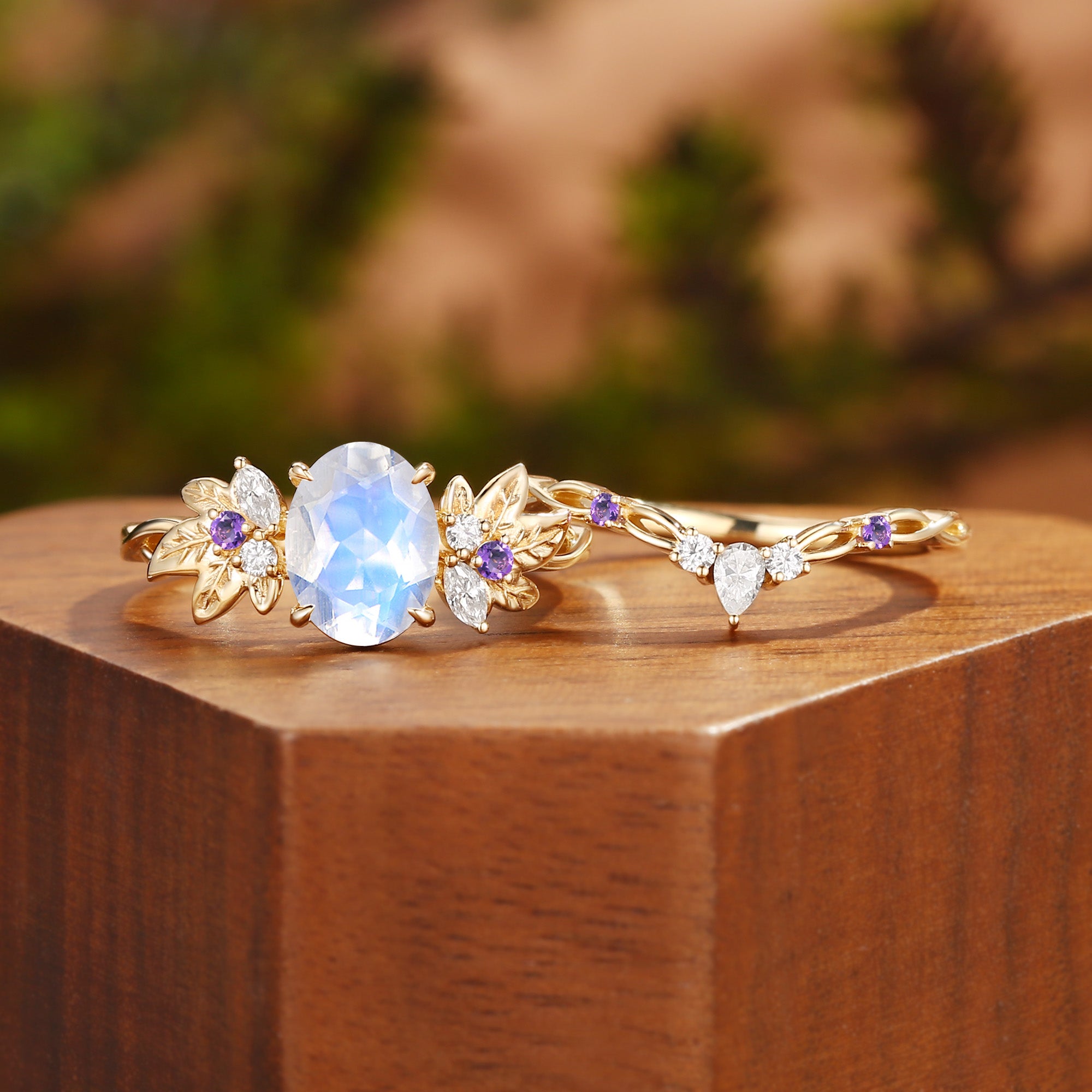Tindra - Oval Cut  Moonstone Grape Leaf Nature Engagement Ring Set 2pcs