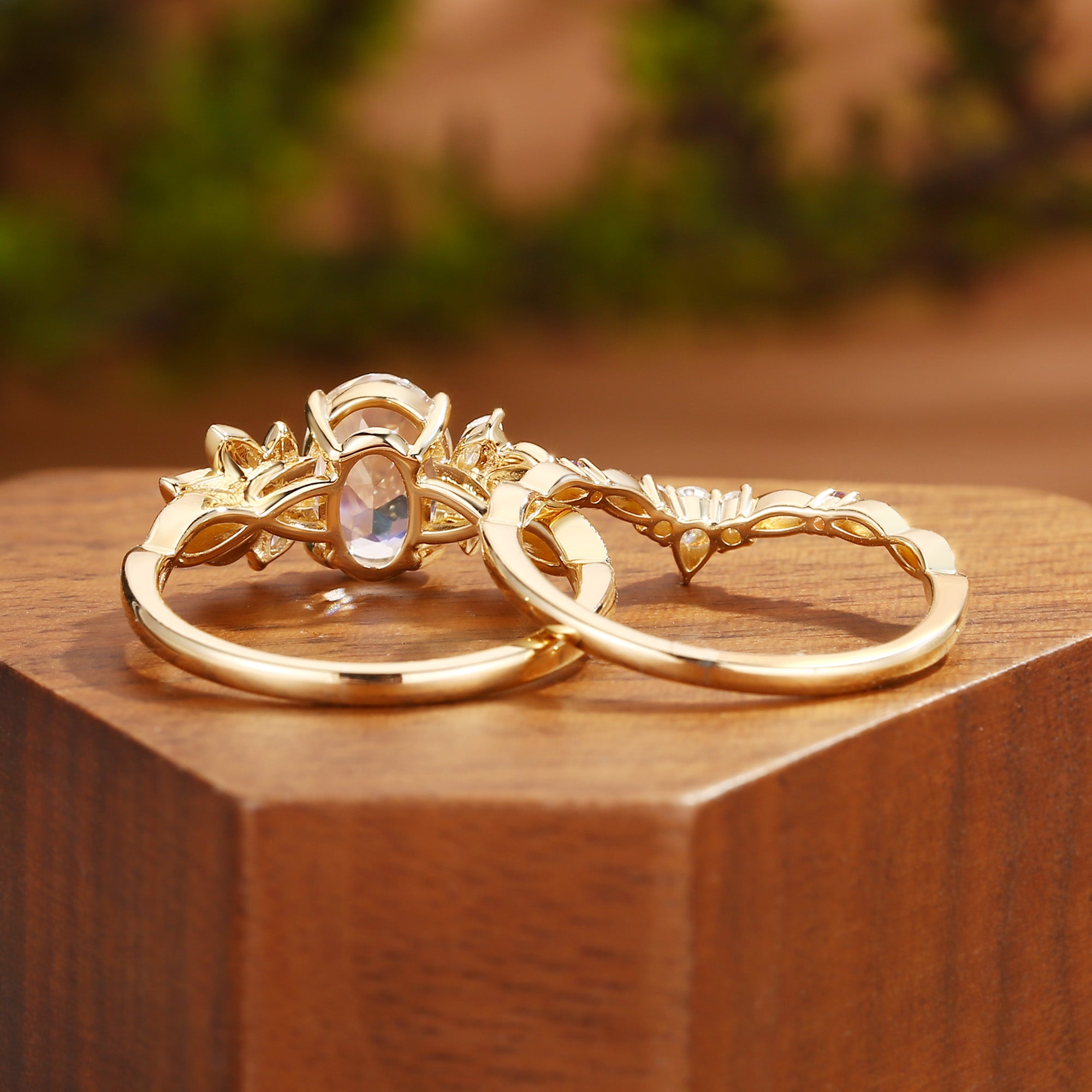 Tindra - Oval Cut  Moonstone Grape Leaf Nature Engagement Ring Set 2pcs