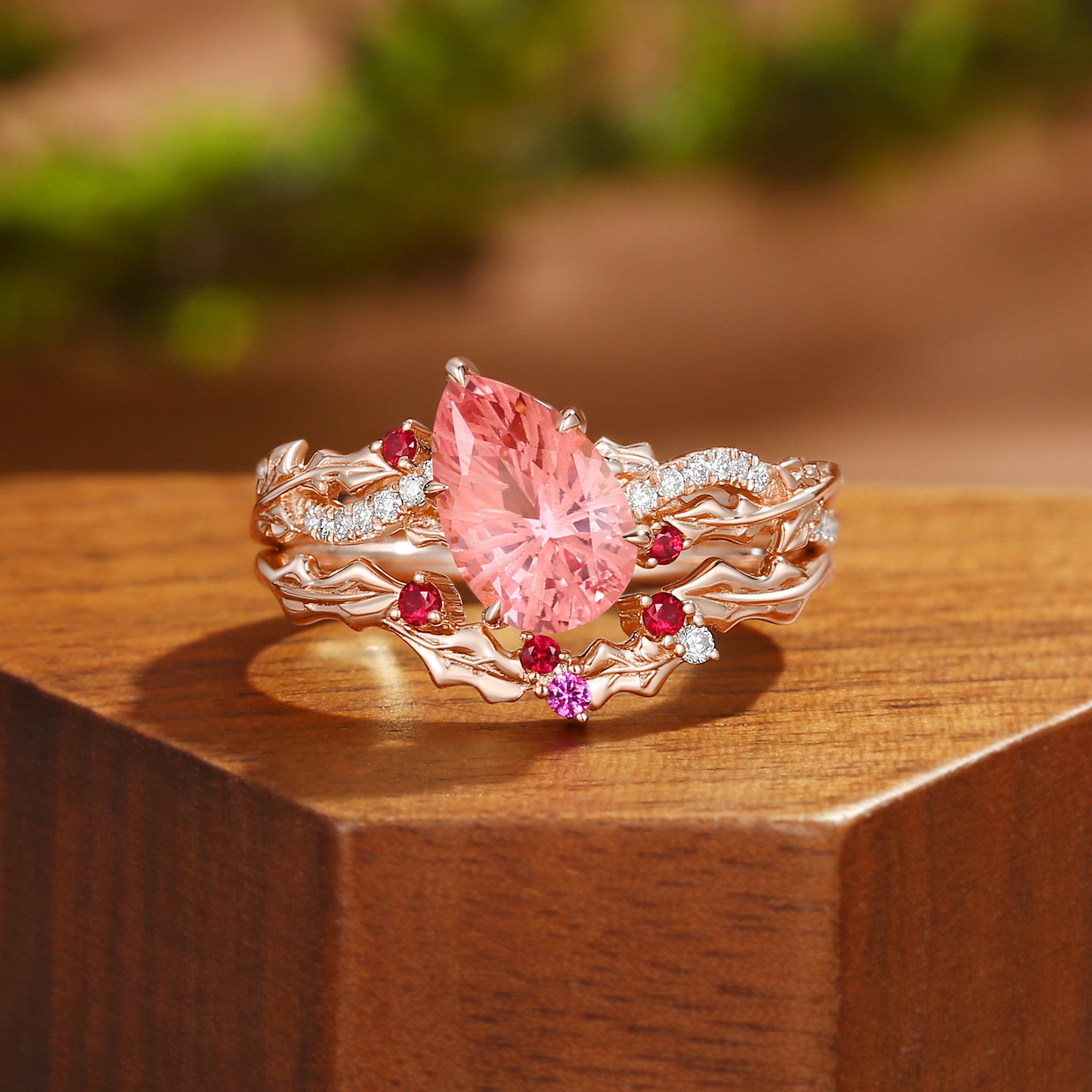 Victoria - Holly Twist Leaf  Firework Cut  Padparadscha Engagement Ring Set 2pcs