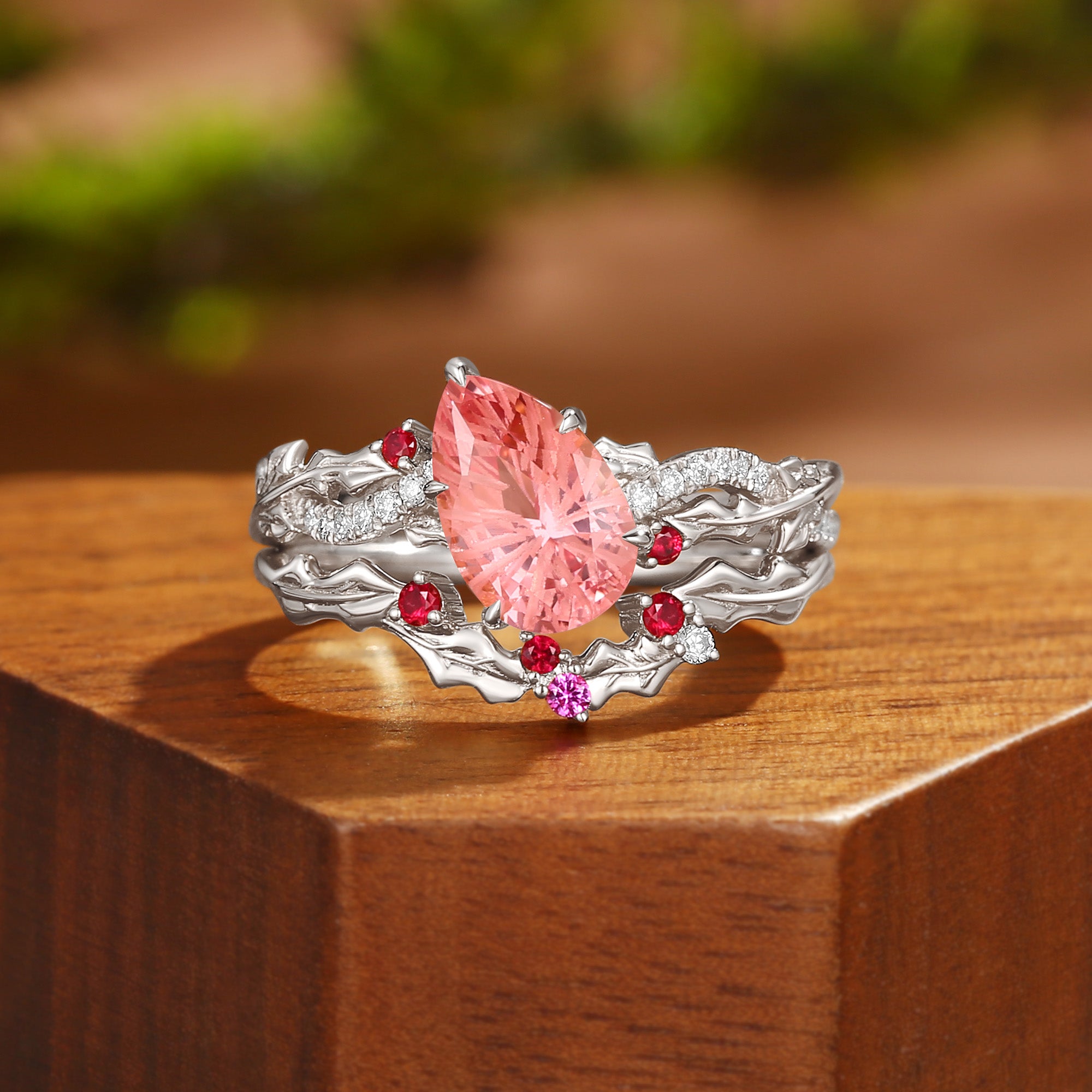 Victoria - Holly Twist Leaf  Firework Cut  Padparadscha Engagement Ring Set 2pcs