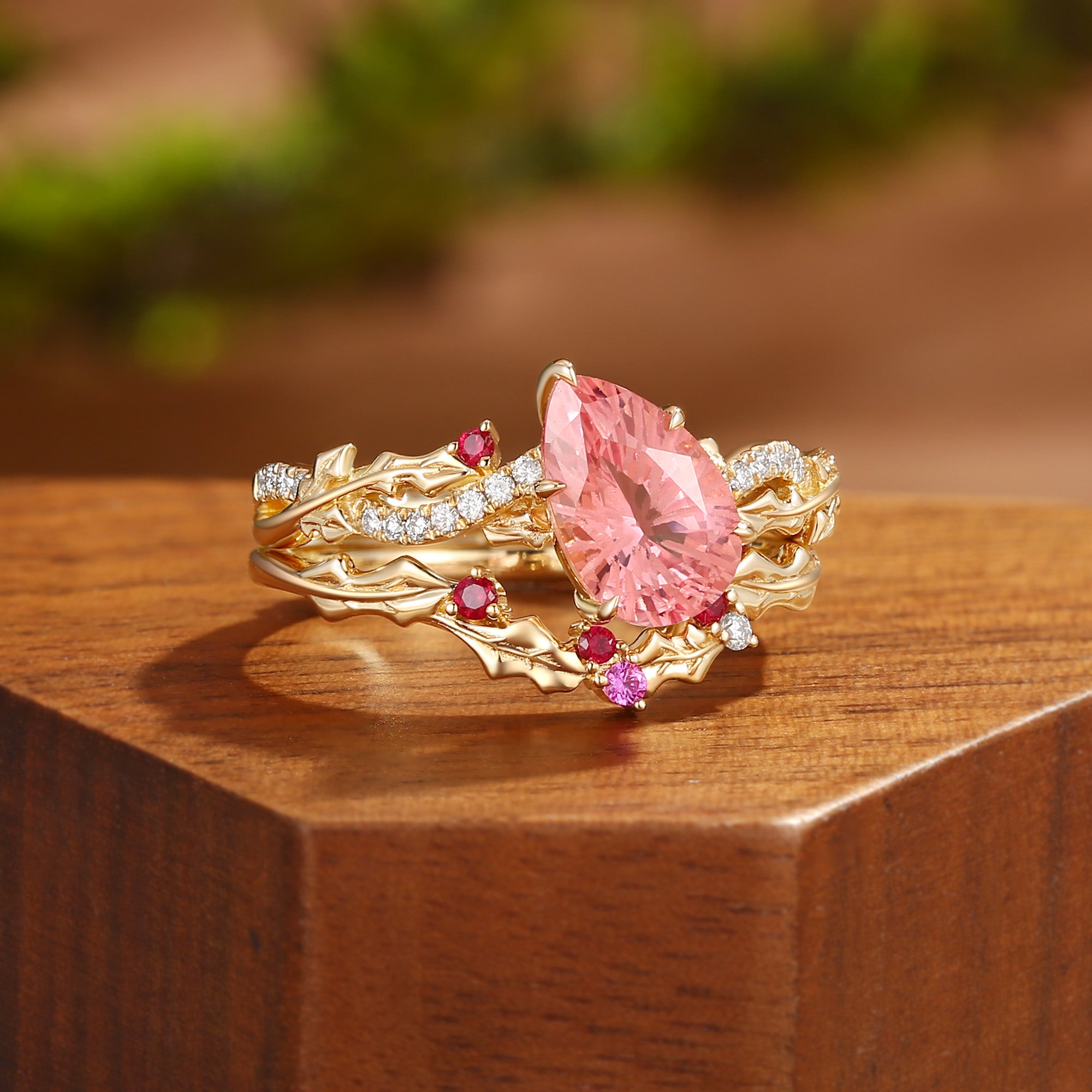 Victoria - Holly Twist Leaf  Firework Cut  Padparadscha Engagement Ring Set 2pcs