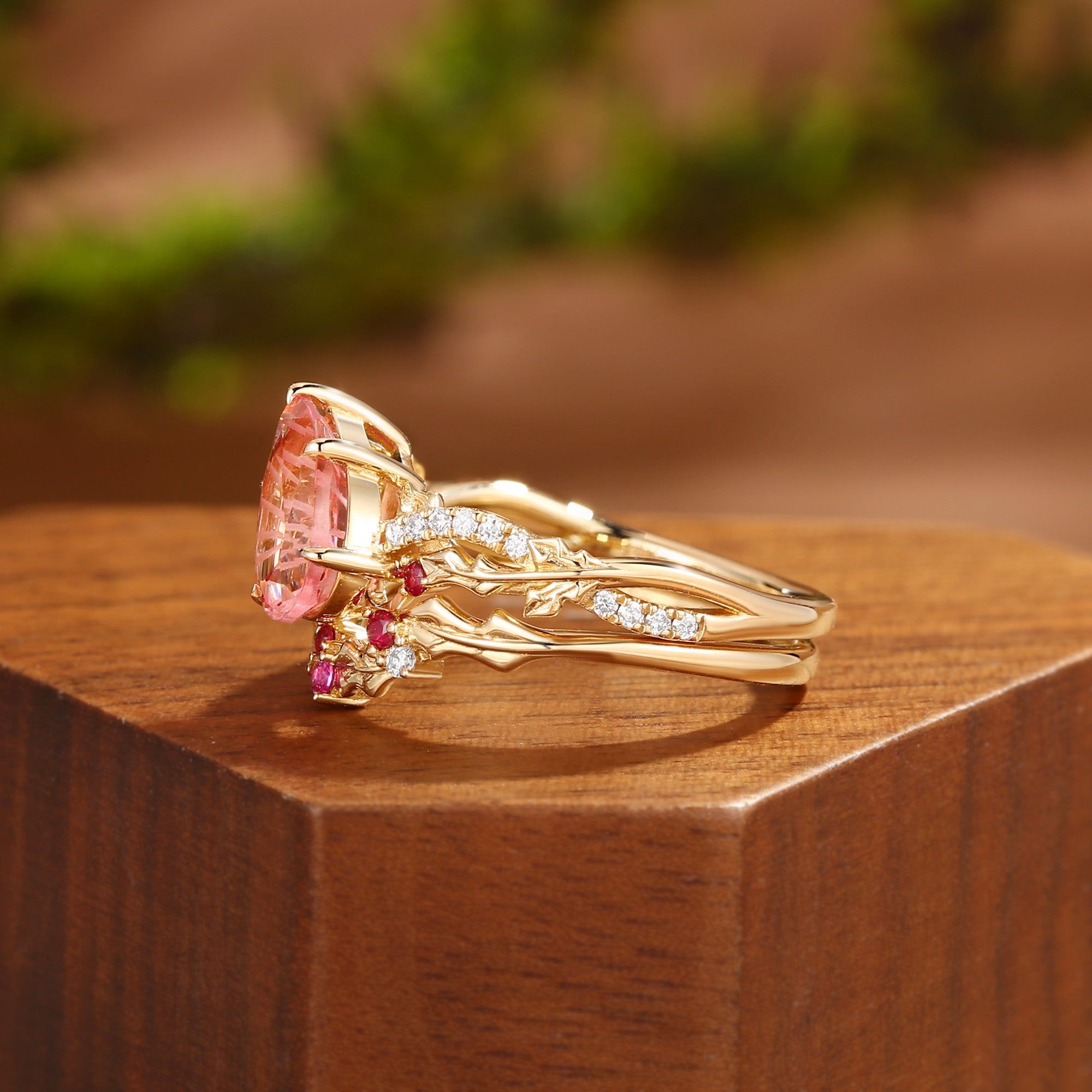 Victoria - Holly Twist Leaf  Firework Cut  Padparadscha Engagement Ring Set 2pcs