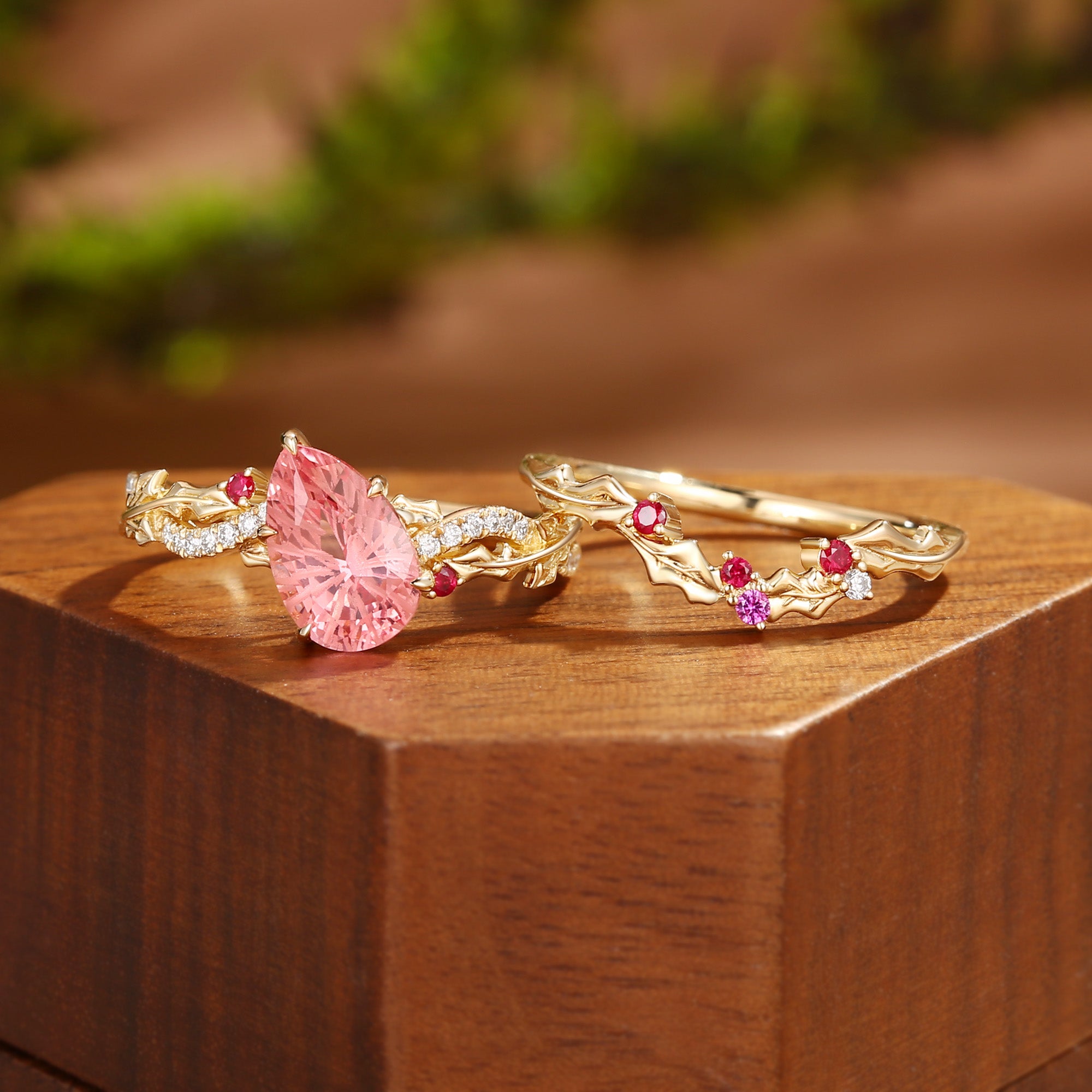 Victoria - Holly Twist Leaf  Firework Cut  Padparadscha Engagement Ring Set 2pcs