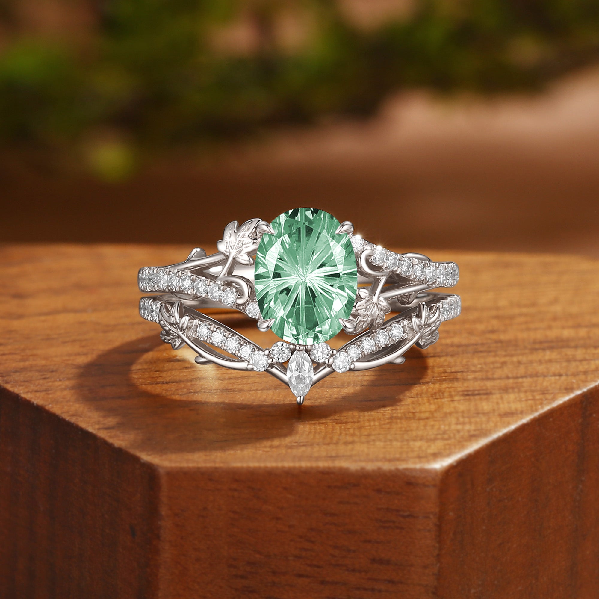 Oval Cut Firework Green Sapphire Grape Leaf Engagement Ring Set 2Pcs - Melisande