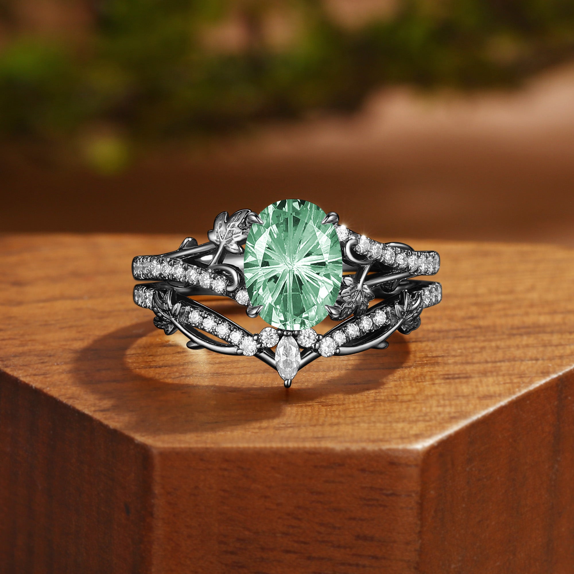 Oval Cut Firework Green Sapphire Grape Leaf Engagement Ring Set 2Pcs - Melisande