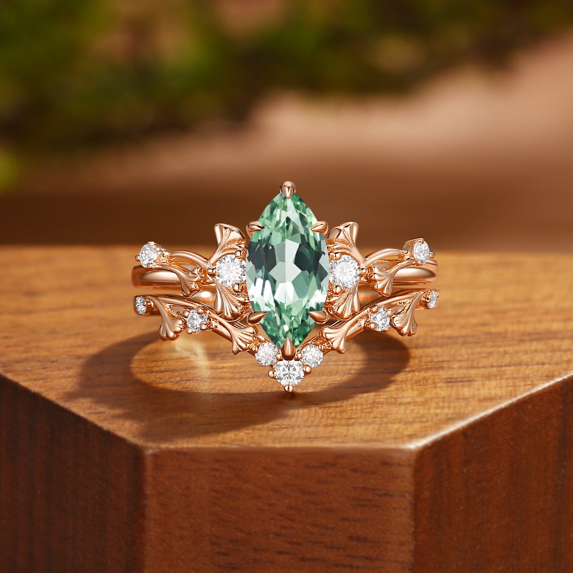 Unique Marquise Cut Green Sapphire Yellow Gold Ginkgo Leaf Bridal Set 2pcs - Liora